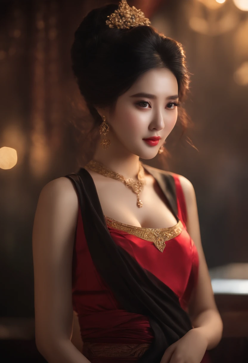 Asian women，tmasterpiece，Highest quality，photorealistic realism，Tremendously beautiful，Very detailed，Female characteristics are distinct，huge boob，whole body display，wearing short skirt，Plate hair，1 woman