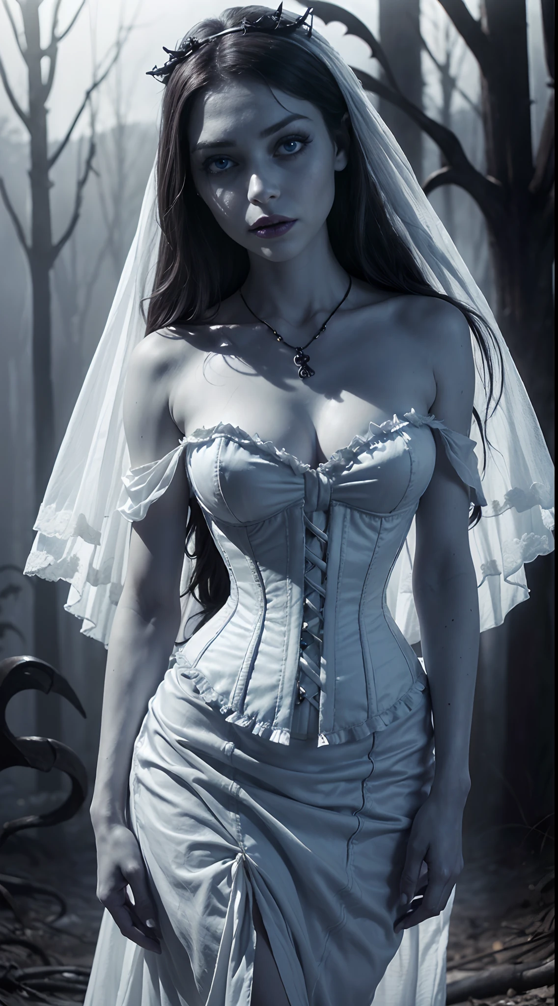 masterpiece, best quality, ultra-detailed, high resolution, extremely detailed, (Full Body Shot:1.6), (sharp focus:1.2), photo, attractive young female model, beautiful, Marijn Isabeau, 22 years old, (blue eyes:1.5), (brown hair:1.2), caucassian, long hair, (beautiful face:1.1), detailed eyes, luscious lips, (spooky:1.6) (dead skin:1.5) (natural makeup:1.3), (smile:1.2), wearing (pearl necklace:1.2), (white dress:1.6), (white corpse bride dress:1.2), (white wedding tight long with tail, corset, off the shoulder, sleeveless dress:1.4) on a (dark night:1.8). (dead forest:1.4), depth of field, bokeh, 4K, HDR. by (James C. Christensen:1.2|Jeremy Lipking:1.1), (soft light:1.9), (dim light:1.5)