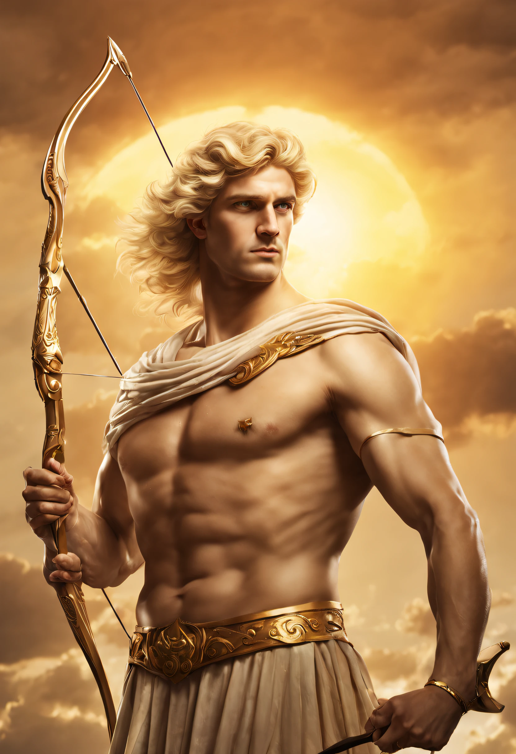 Greek God Apollo, blonde hair, fierce eyes, the Sun behind his head, he is holding a bow and arrow