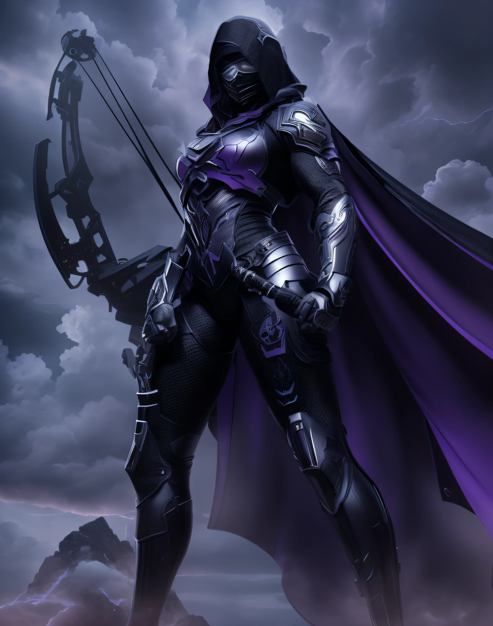 archer woman very muscular arms black uniform with gray and purple details, wears a metal mask with purple glass visor, black metal armor plates, hood with black cape fabric texture, advanced science fiction bow, image background, cloudy sky, purple gray sky, ultra realistic, ultra detailed, ultra detailed, hyperrealistic, 4k, ultra detailed image, realistic, highly detailed, perfect composition, beautiful detailed intricate insanely detailed, 8k artistic photography, hyper detailed, Masterpiece
