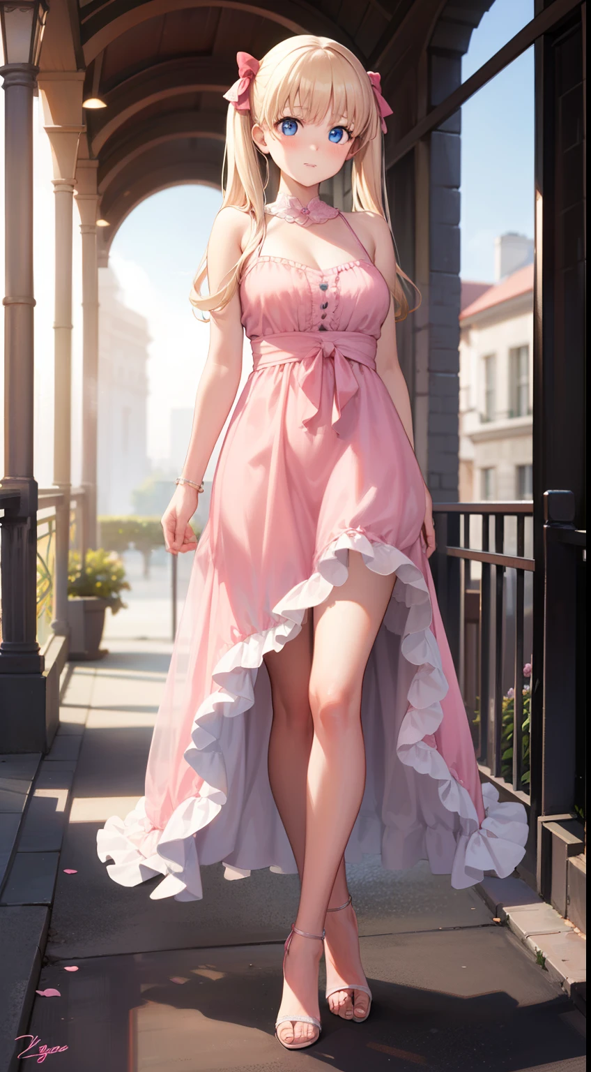 realistic, girl in a pink dress standing in front of a flower garden, female outfit, ingame image, feminine girly dress, frilly outfit, full body picture, wearing a pink dress, multilayered outfit, full body female, pink dress, fantasy outfit, pastel pink skin tone, **** in dress, pink skin, pink clothes, pigtails hair, blonde hair, blue eyes, glowing eyes