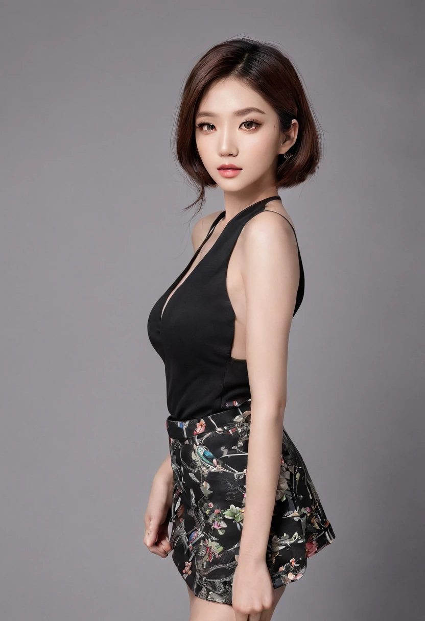 Asian women,tmasterpiece,Highest quality,photorealistic realism,Tremendously beautiful,Very detailed,Female characteristics are distinct,huge boob,whole body display,wearing short skirt,Plate hair,1 woman