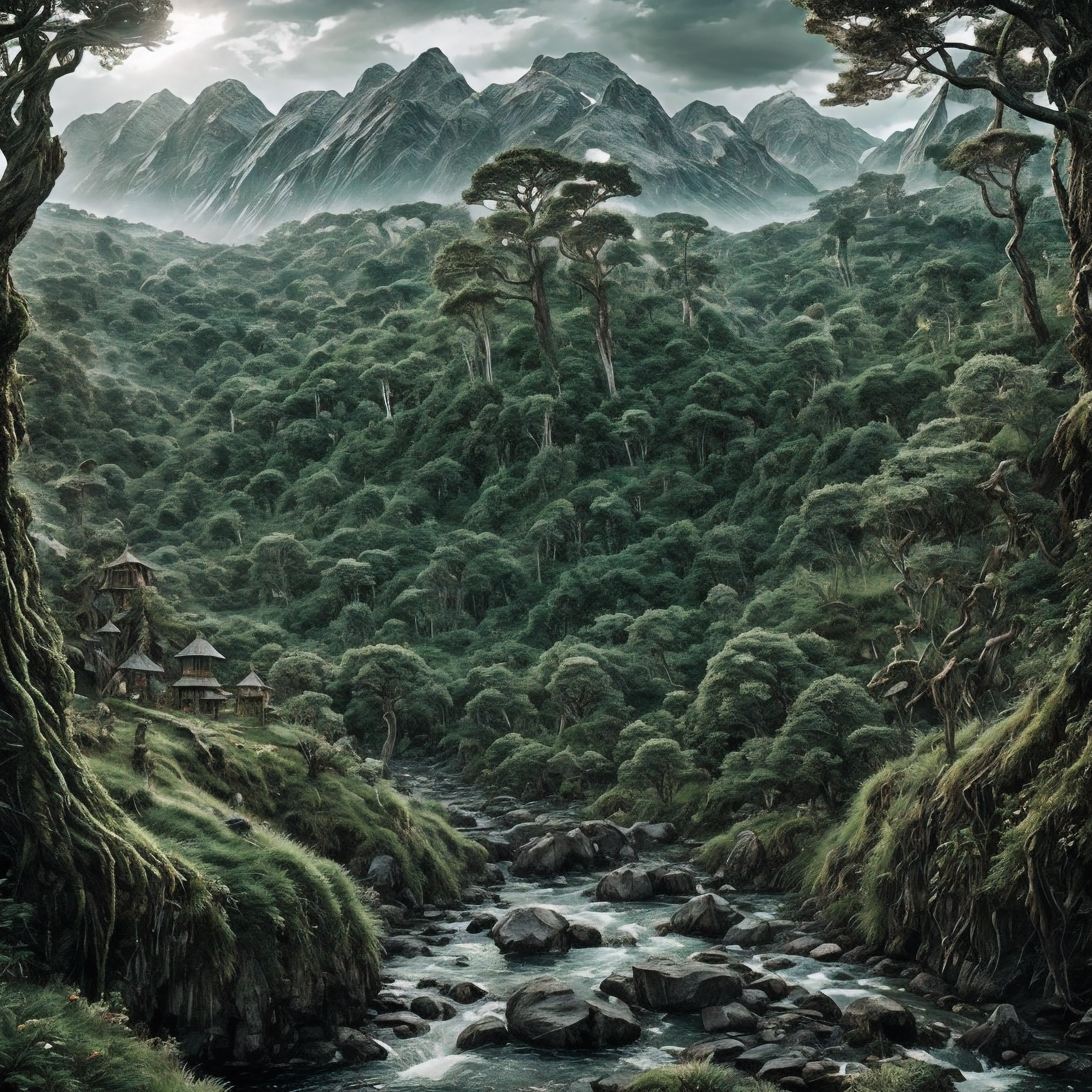 The broad, rugged landscape takes center stage in this vivid painting. Craggy cliffs jut out from rolling hills covered in emerald grass. A crystal river winds through the countryside, glinting silver under the bright sun. Lush forests blanket the land, dotted with wildflowers in full bloom. In the background, snow-capped mountains pierce the sapphire sky. An idyllic countryside untouched by evil or darkness.
Nestled into this beautiful landscape are the twisted forms of Gollum, Gandalf, and the two dragons. Gollum's gangly body is draped over a rocky outcropping, his spindly fingers clutching at the air for his precious Ring. Gandalf's glowing white form lies half-submerged in the glittering river, his robes floating around him. The sinuous shapes of the dragons wrap around the trunks of towering trees, their jewel-colored scales glinting amidst the emerald leaves.
Though they do not belong in this peaceful land, the darkness of these characters cannot corrupt the vibrant beauty of nature around them. The rolling green hills dwarf Gollum's corrupted form. Gandalf's wisdom is muted by the playful babbling of the river. And the dragons' ancient power is no match for the solid strength of the ancient forest. Their battle against the allure of the One Ring goes unnoticed by the land, which continues on untouched, a testament to the endurance of light even in the presence of darkness.