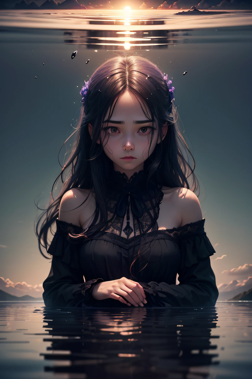 A lone woman, enveloped in the evening gloom, sits on the edge of a serene lake. His lost gaze reflects the vastness of his thoughts and the shadows of his heart. Her gentle breeze makes her long, dark hair wave, but she seems imperceptible to it. The reflection in the water creates a distorted mirror of her soul, revealing more than her eyes can show. Next to her, a withered rose lies, a symbol of lost loves and times that will never return. The sky, dyed in purple and blue tones, seems to cry silently with her, joining in a silent lament.

Objective: Capture the essence of this woman's sadness and loneliness, exploring the depth of her emotions and the melancholic atmosphere that surrounds her.