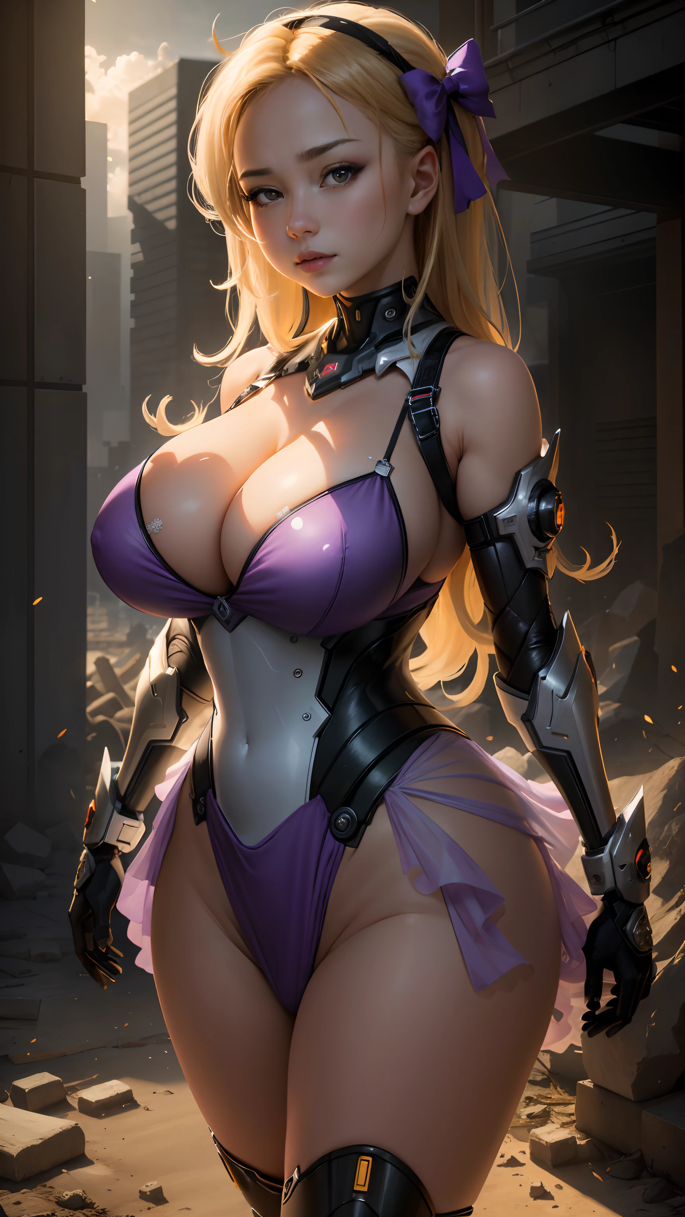 (8k, masterpiece, best quality), ultra-detailed, detailed beautiful round eyes, beautifully detailed face, high quality, high resolution, mecha women with bow wearing sexy outfit in the ruin of city, ancient technology,HDR (High Dynamic Range),Ray Tracing,NVIDIA RTX,Super-Resolution,Unreal 5,Subsurface scattering,PBR Texturing,Post-processing,Anisotropic Filtering,Depth-of-field,Maximum clarity and sharpness,Multi-layered textures,Perfect proportions,Octane Render,Two-tone lighting,Low ISO,White balance,Rule of thirds,Wide aperature,8K RAW,Efficient Sub-Pixel,sub-pixel convolution,luminescent particles,light scattering,Tyndall effect, (massive breast:1.3), mecha, thicc, busty, blonde, long hair,purple dress, milf,