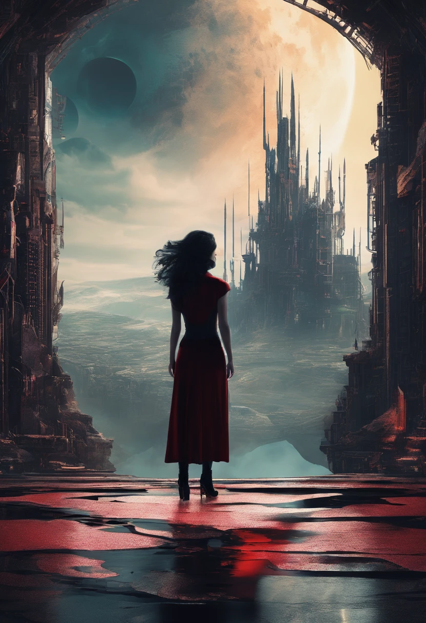 Best quality, Masterpiece, (photograph realistic:1.4), surrealism, Dream-like,fusionart, Shadowdancer, shadow magic,Red-eyed, Black-haired vampire，Dilapidated castle in the background