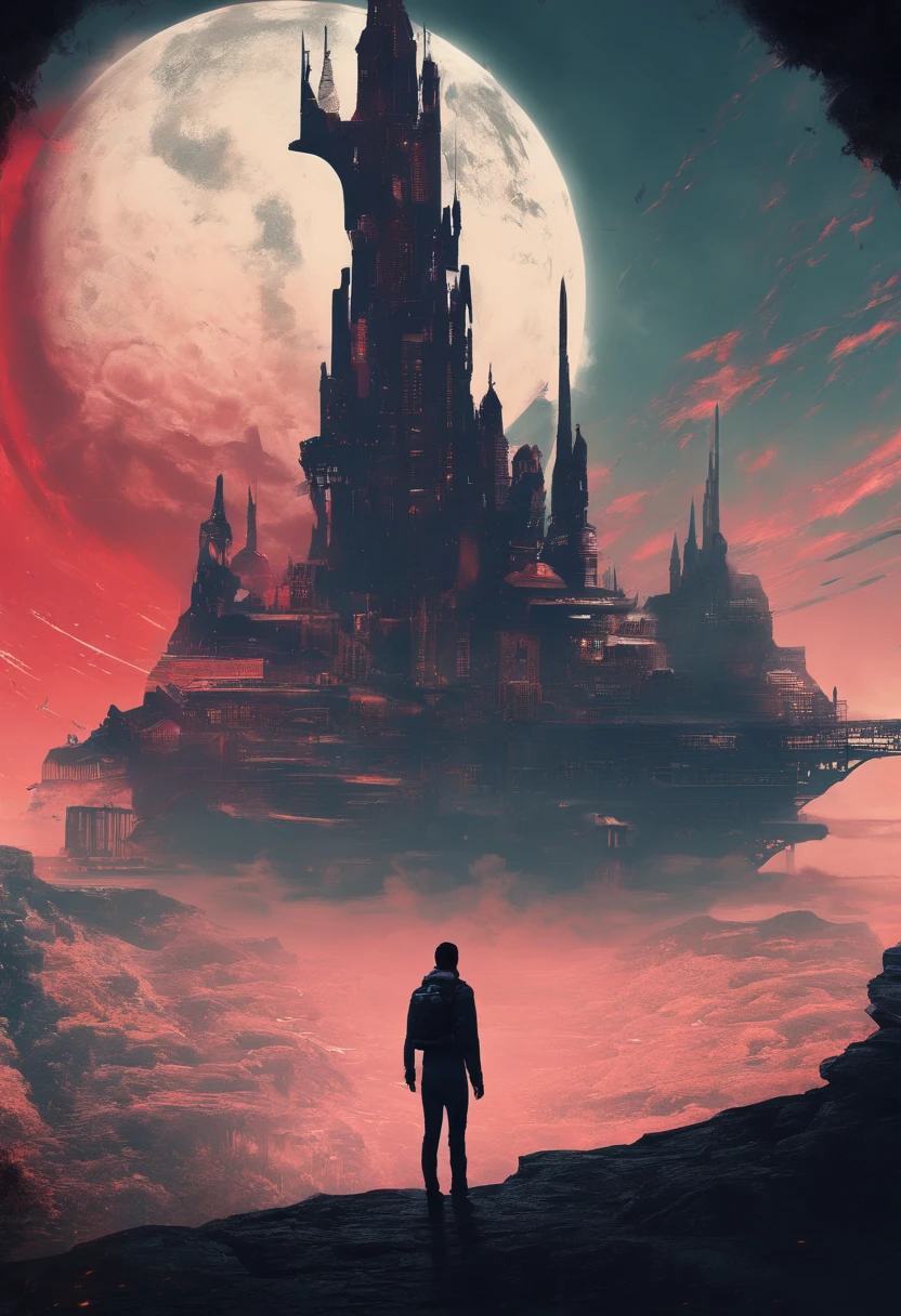 Best quality, Masterpiece, (photograph realistic:1.4), surrealism, Dream-like,fusionart, Shadowdancer, shadow magic,Red-eyed, Black-haired vampire,Dilapidated castle in the background
