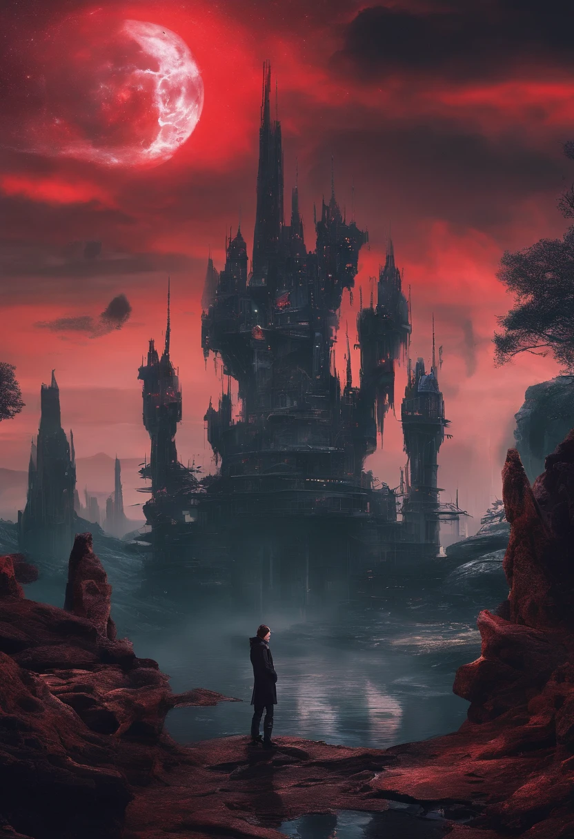 Best quality, Masterpiece, (photograph realistic:1.4), surrealism, Dream-like,fusionart, Shadowdancer, shadow magic,Red-eyed, Black-haired vampire，Dilapidated castle in the background