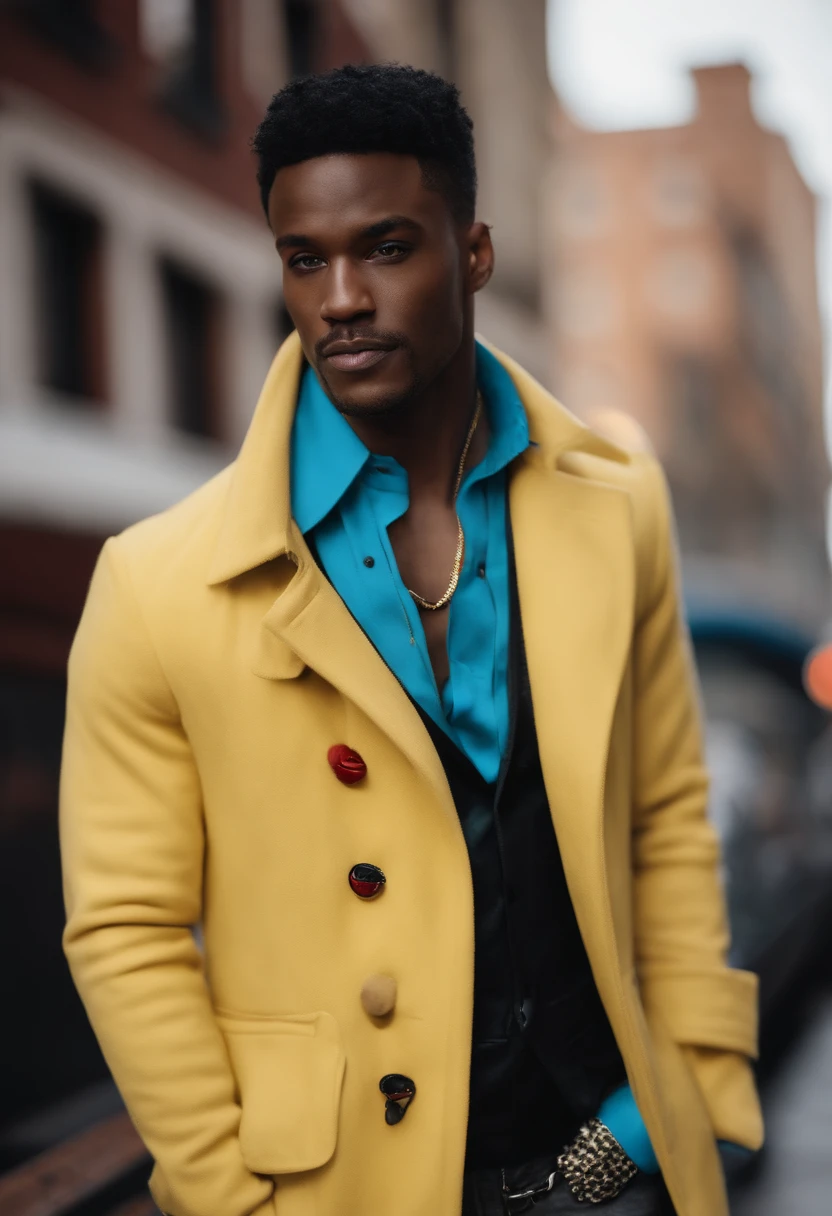 african American male with pale blue eyes and short black hair in city, although about one-fourth of it is white on the front of his left side, he wears short red overcoat with black pockets over a bright yellow shirt that has black long sleeves . and his pants are black with chains on his belt. He wears a cross like necklace on his neck. He also got on blackish blue fingerless gloves