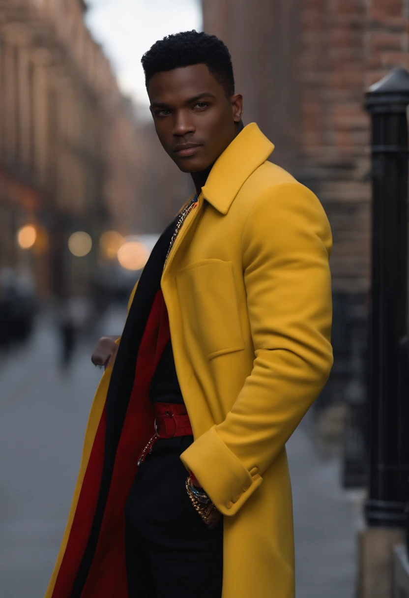african American male with pale blue eyes and short black hair in city, although about one-fourth of it is white on the front of his left side, he wears short red overcoat with black pockets over a bright yellow shirt that has black long sleeves . and his pants are black with chains on his belt. He wears a cross like necklace on his neck. He also got on blackish blue fingerless gloves