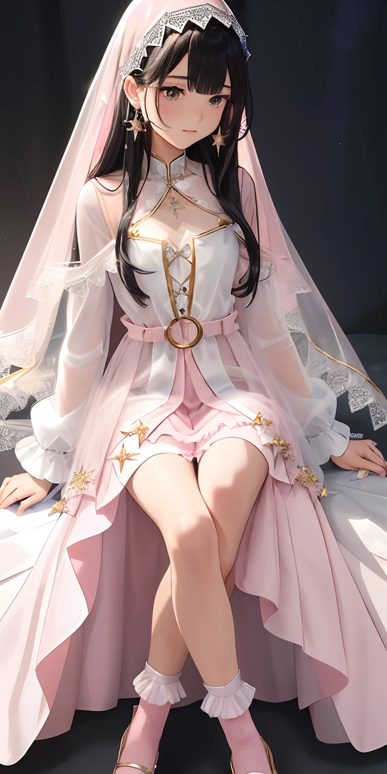 A , Super long, Flowing black hair.
• Gentle facial features,There was a hint of mystery and confusion in his eyes.
Wearing a (Light pink:1.3) and light white dresses, Blended with subtle gold or silver details.
The dress combines elements of a pleated skirt and a flat skirt: The central part of the dress is flat, Although there are mild folds on the sides.
She has ((Light pink:1.3) Mary Jane shoes) collocation (White lace-trimmed socks)).
Slightly tightened puff sleeves,It reflects her calm and reserved nature.
A simple belt is tied around the waist, Holding a couple of small magic tools.
(semi transparent, tulle shawl:1.3)
Simple star-shaped earrings.
Her medieval dress was embroidered with magic symbols or runes.
• Despite her great magic, Her overall appearance exudes a sense of understated elegance and gentleness.