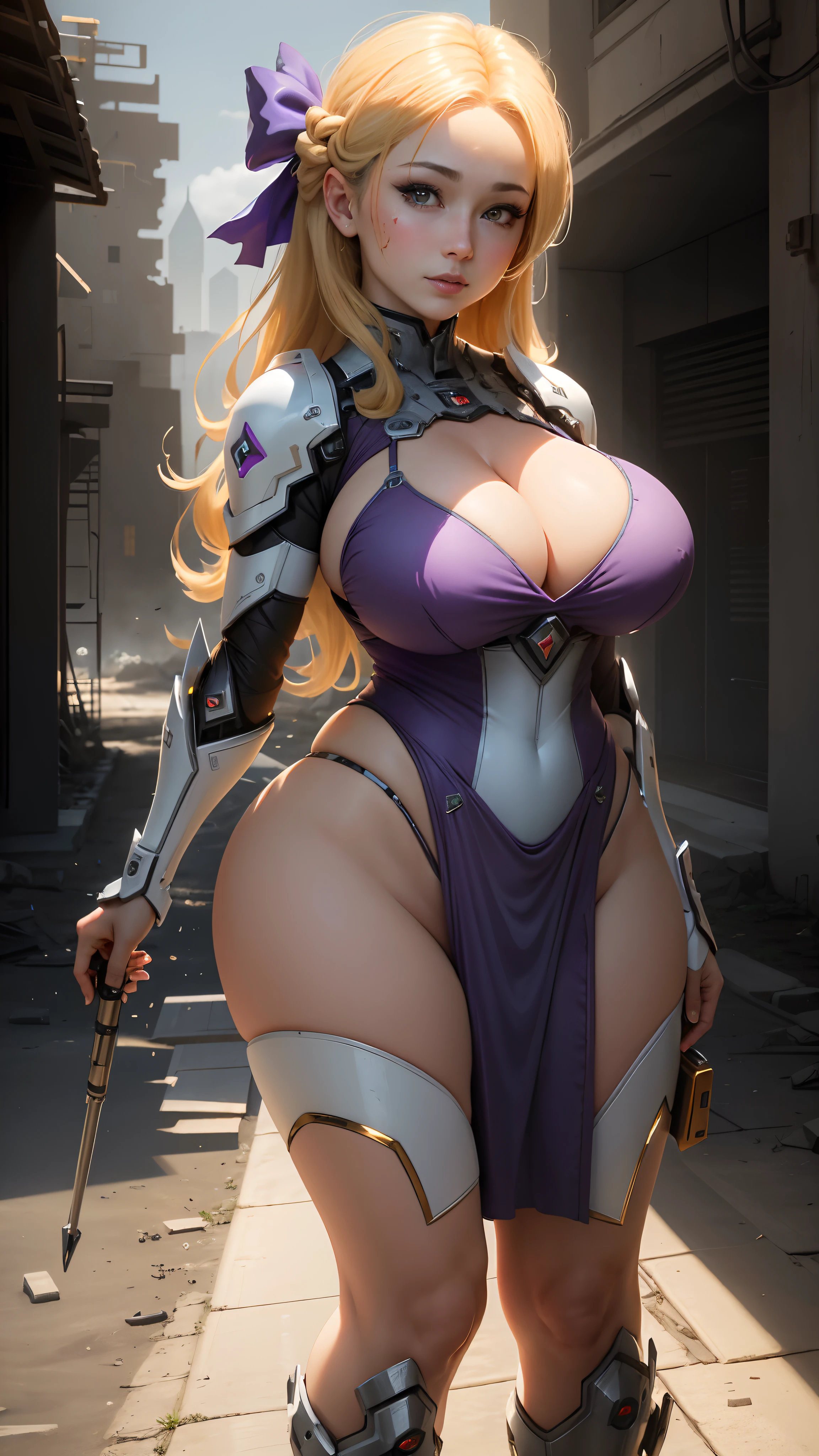 (8k, masterpiece, best quality), ultra-detailed, detailed beautiful round eyes, beautifully detailed face, high quality, high resolution, mecha women with bow wearing sexy outfit in the ruin of city, ancient technology,HDR (High Dynamic Range),Ray Tracing,NVIDIA RTX,Super-Resolution,Unreal 5,Subsurface scattering,PBR Texturing,Post-processing,Anisotropic Filtering,Depth-of-field,Maximum clarity and sharpness,Multi-layered textures,Perfect proportions,Octane Render,Two-tone lighting,Low ISO,White balance,Rule of thirds,Wide aperature,8K RAW,Efficient Sub-Pixel,sub-pixel convolution,luminescent particles,light scattering,Tyndall effect, (massive breast:1.3), mecha, thicc, busty, blonde, long hair,purple dress, milf,