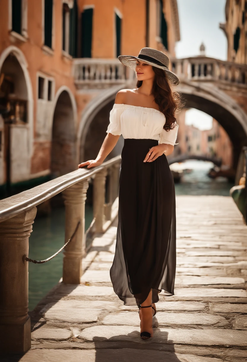 A woman with a medium skin tone and black, wavy hair that cascades past her shoulders strides gracefully along a picturesque bridge over a tranquil Venetian canal. She's adorned in a pristine white dress that complements her complexion, and a quaint straw hat sits atop her head, shielding her from the gentle rays of the afternoon sun. Her eyes, framed by rectangular black glasses, meet the lens of the camera with a playful, inviting smile. In her gentle grasp, she holds a delectable gelato cone, the cool essence of which contrasts with the warm Italian ambiance enveloping her. The serene yet vibrant essence of Venice reflects in her demeanor as she revels in the simplicity and beauty of the moment.