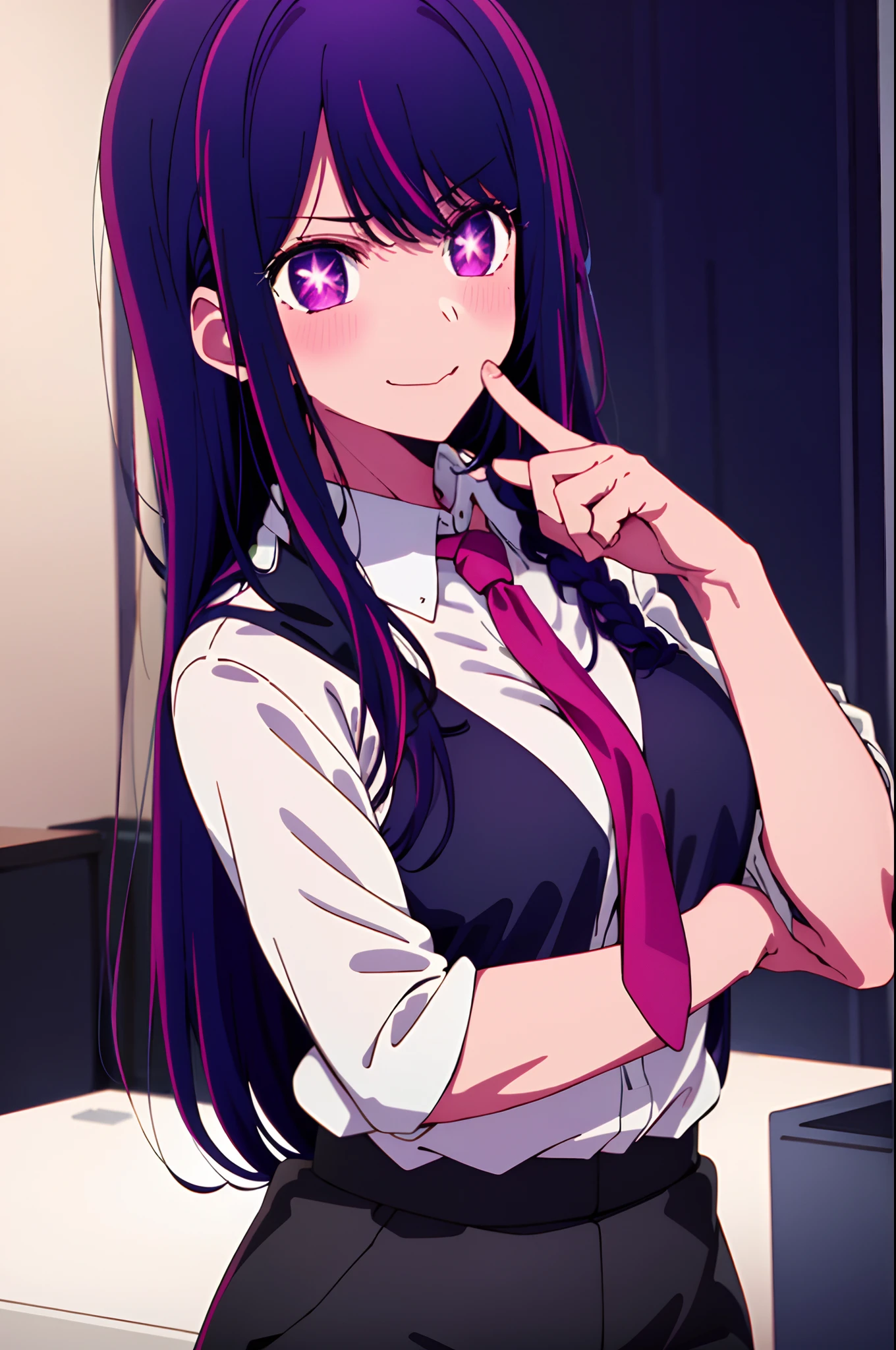 ((masterpiece)), (best quality), beautiful, extremely detailed face, perfect lighting,ultra-detailed,((expressionless)),((cold attitude)),((tsurime)),((tareme)),breasts,((Mature female)), short hair, smile, bangs, (big breasts:1.2), braid, purple color hair, braided ponytail, purple eyes, ringed eyes,
shirt, long sleeves, white shirt, necktie, collared shirt, pants, black pants, formal, suit, black necktie, shirt tucked in, office lady, full body