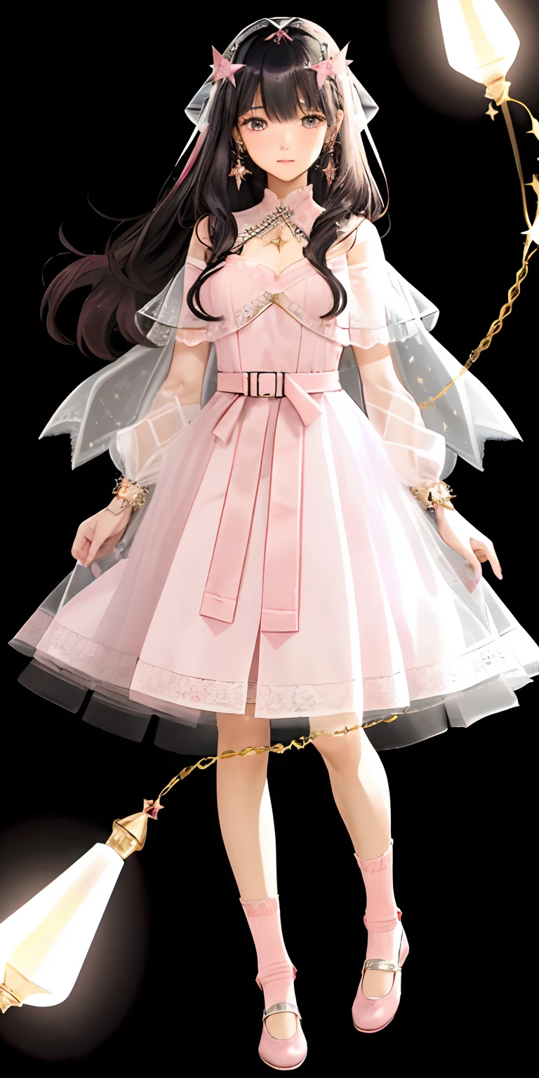 A 17-year-old girl, Super long, Flowing black hair.
	• Gentle facial features，There was a hint of mystery and confusion in his eyes.

Wearing a (Light pink:1.3) and light white dresses, Blended with subtle gold or silver details.
The dress combines elements of a pleated skirt and a flat skirt: The central part of the dress is flat, Although there are mild folds on the sides.
She has ((Light pink:1.3) Mary Jane shoes) collocation (White lace-trimmed socks)).
Slightly tightened puff sleeves，It reflects her calm and reserved nature.
A simple belt is tied around the waist, Holding a couple of small magic tools.
(semi transparent, tulle shawl:1.3)
Simple star-shaped earrings.
Her medieval dress was embroidered with magic symbols or runes.
	• Despite her great magic, Her overall appearance exudes a sense of understated elegance and gentleness.