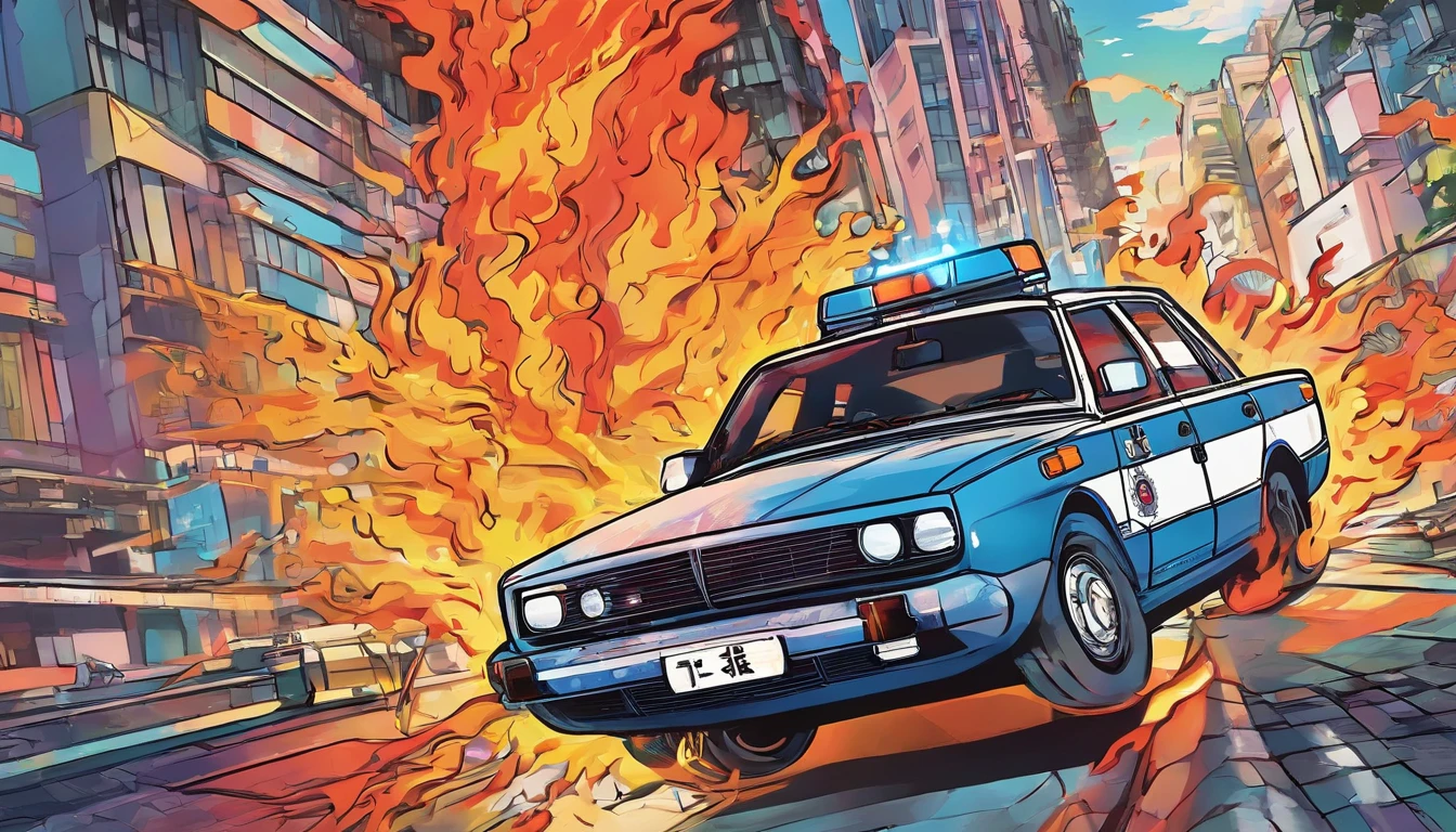 police car in fire