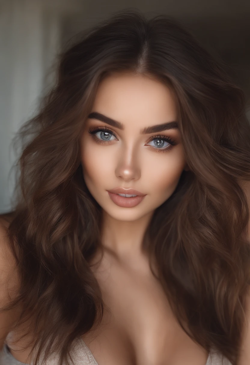 sexy girl with brown eyes, ultra realistic, meticulously detailed, portrait sophie mudd, brown hair and large eyes, selfie of a young woman, dubai eyes, violet myers, without makeup, natural makeup, face with artgram, subtle makeup, messy hair, home envrionment