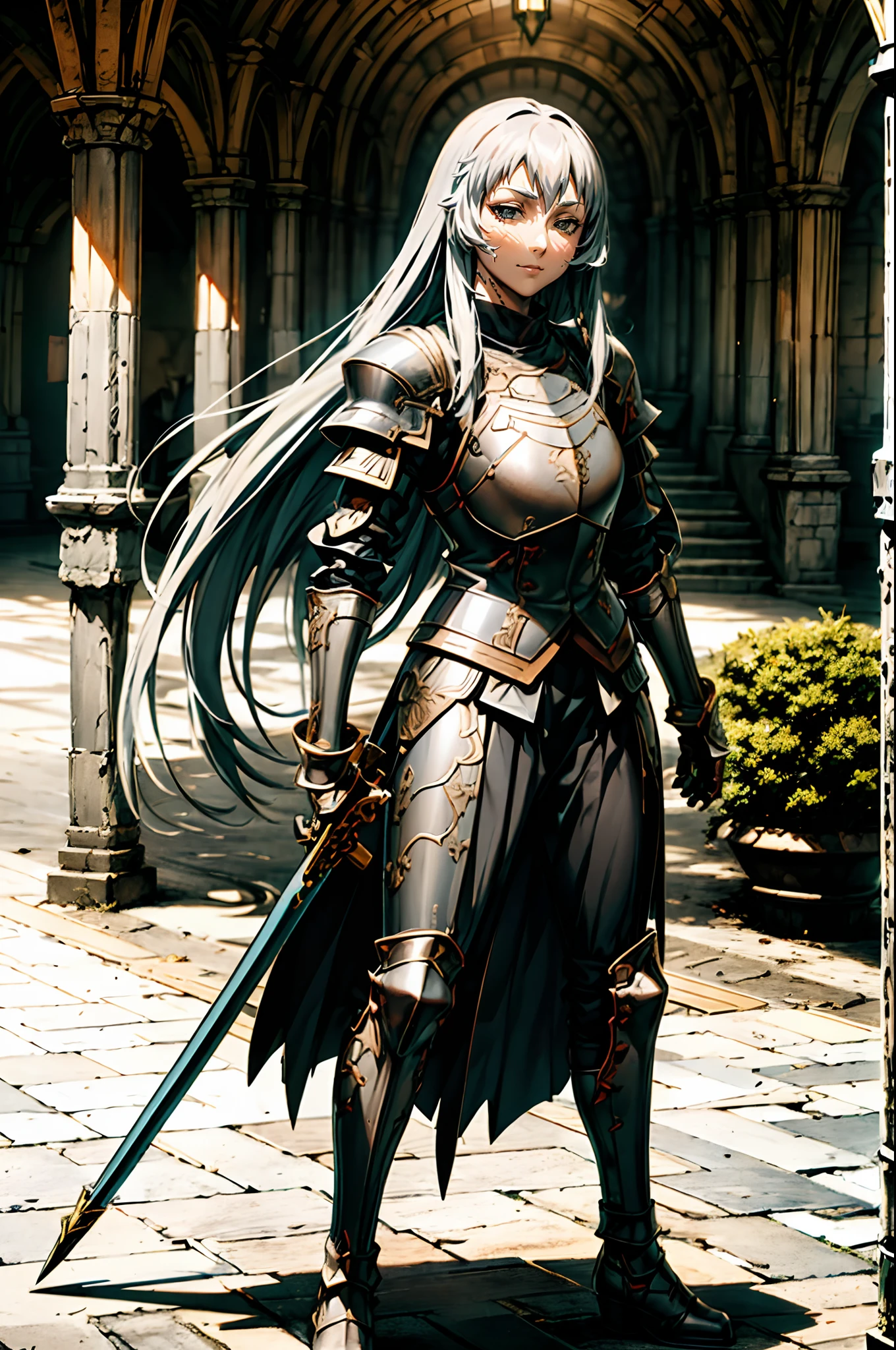 Shiryuu, tunic, saber holding, standing closed eye, silver hair,full body, armored, assasin killer murder armor, mystic armor, character in medieval city, fantasy city, surreal city, fantasy setting, ruins, long skirt