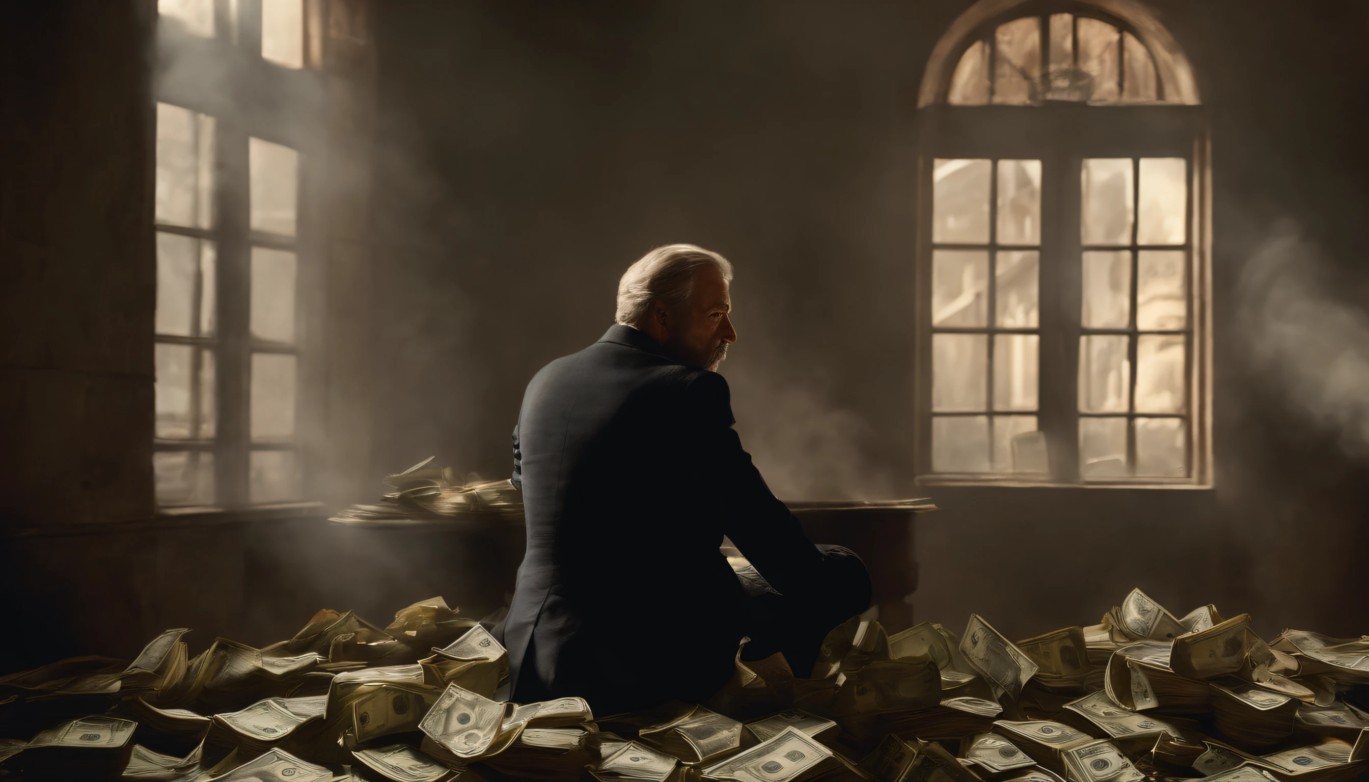 um homem lutando contra o dinheiro, oil painting, pinceladas duras, dramatic lighting, intense expression, Olhos determinados, punhos cerrados, suor escorrendo pelo rosto, terno enrugado, Broken streams, Crumbling dollar bills, Chart of the crumbling stock market, smoke rising in the background, preto e branco com um toque de ouro, Realismo. (best quality, Alto, ultra-detalhado), (Realistic:1.37), profissional, vivid colors.