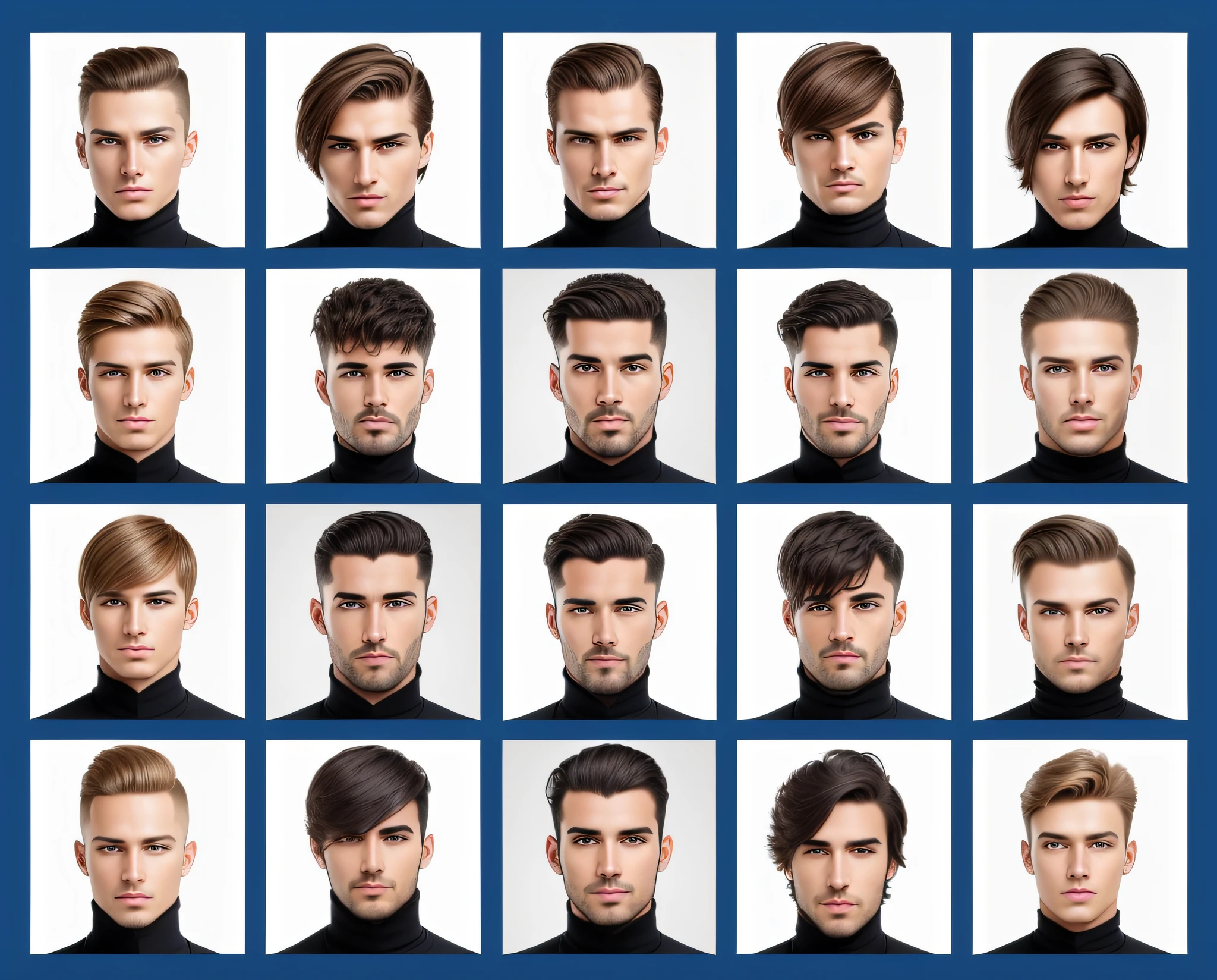 arafed image of a man with different hairs and facial expressions, handsome symmetrical faces, collage of styles, with different hairstyle, modern haircut, square masculine facial features, diverse haircuts, fashionable haircut, boy hair, head and shoulders photography, only a few bangs of hair, great hairstyle, redahair and attractive features, face variations, highly detailed face, ultra detailed