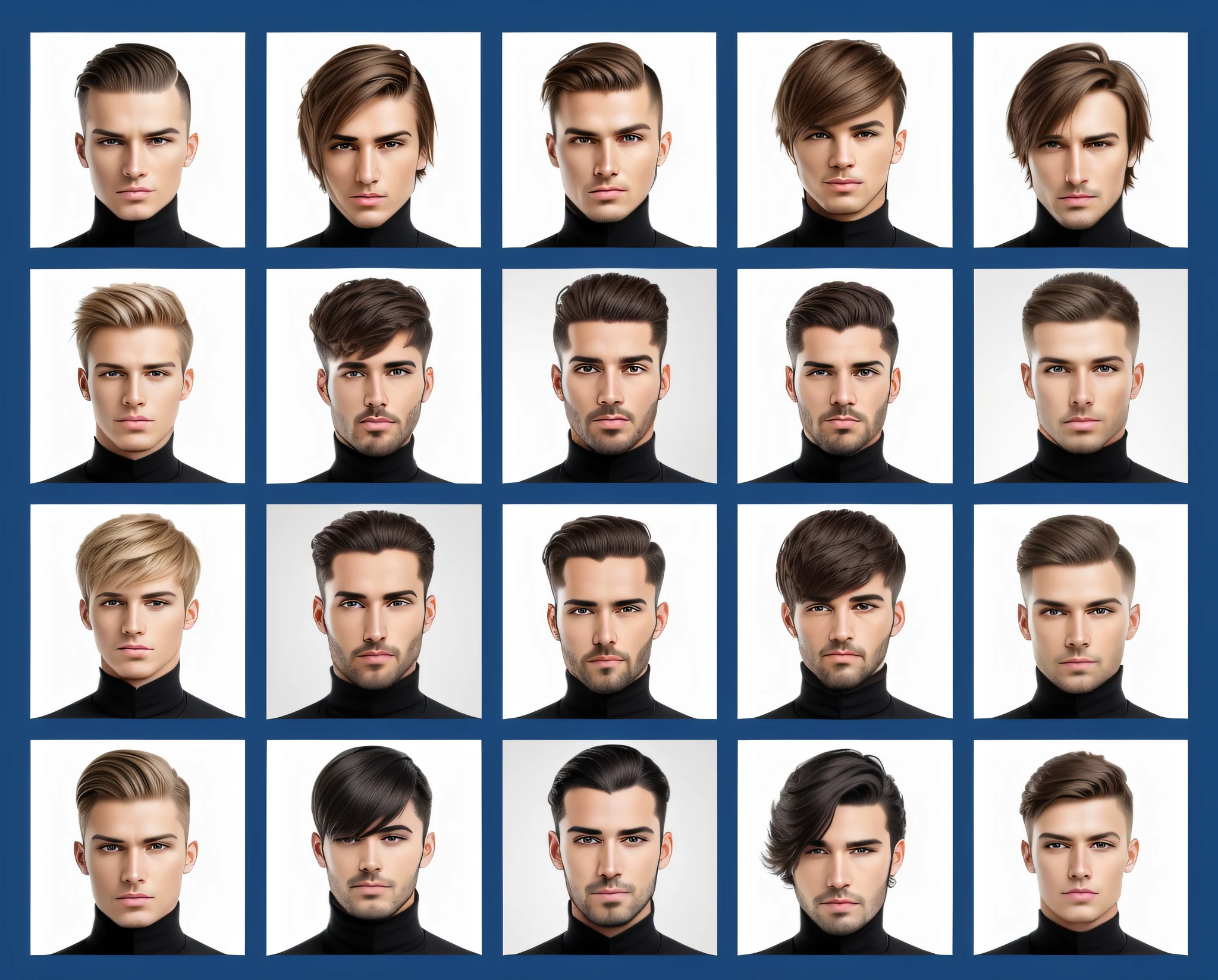 arafed image of a man with different hairs and facial expressions, handsome symmetrical faces, collage of styles, with different hairstyle, modern haircut, square masculine facial features, diverse haircuts, fashionable haircut, boy hair, head and shoulders photography, only a few bangs of hair, great hairstyle, redahair and attractive features, face variations, highly detailed face, ultra detailed