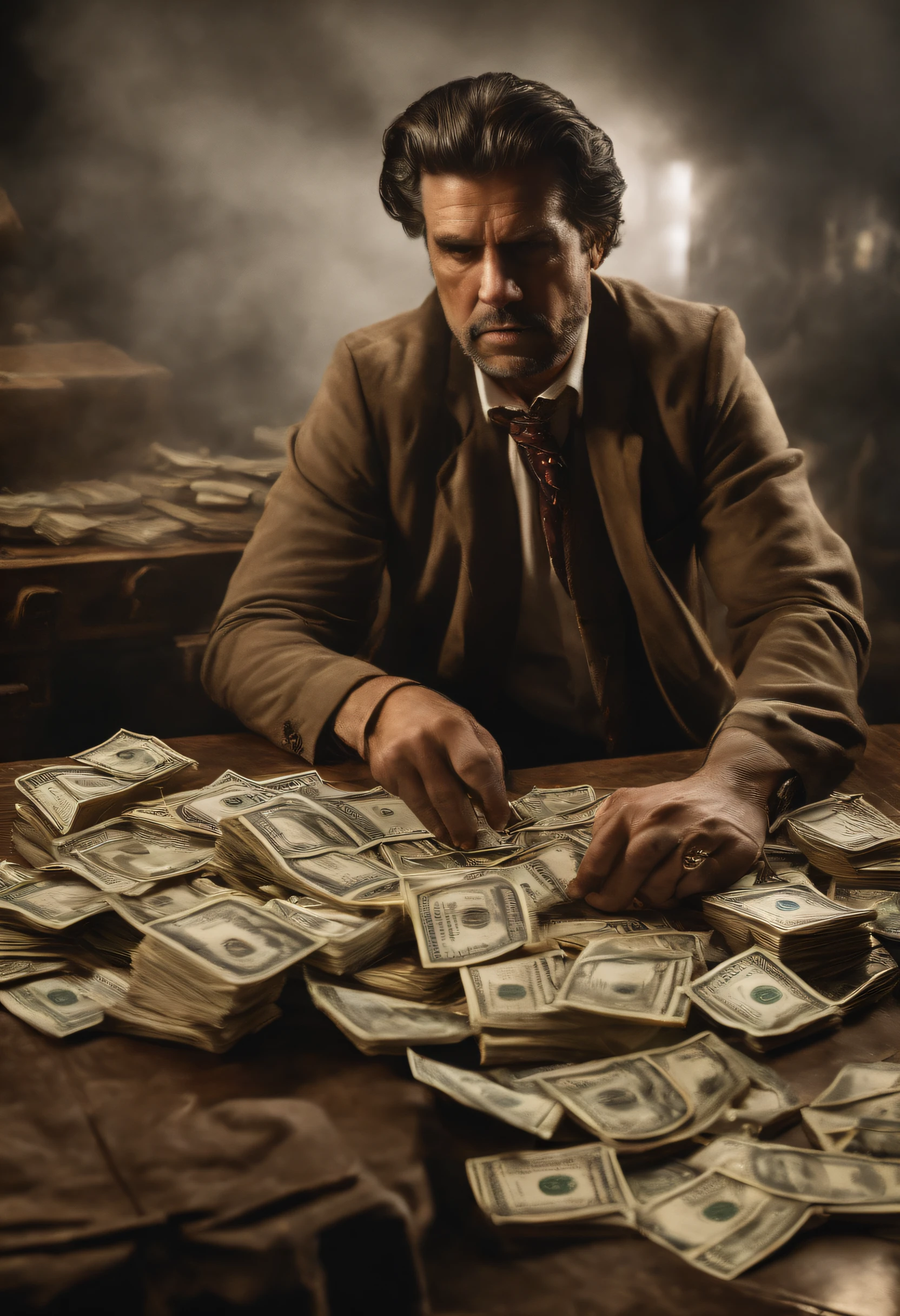 um homem lutando contra o dinheiro, oil painting, pinceladas duras, dramatic lighting, intense expression, Olhos determinados, punhos cerrados, suor escorrendo pelo rosto, terno enrugado, Correntes quebradas, Crumbling dollar bills, Chart of the crumbling stock market, smoke rising in the background, preto e branco com um toque de ouro, realismo. (best quality, Altas, ultra-detalhado), (Realistic:1.37), profissional, vivid colors.
