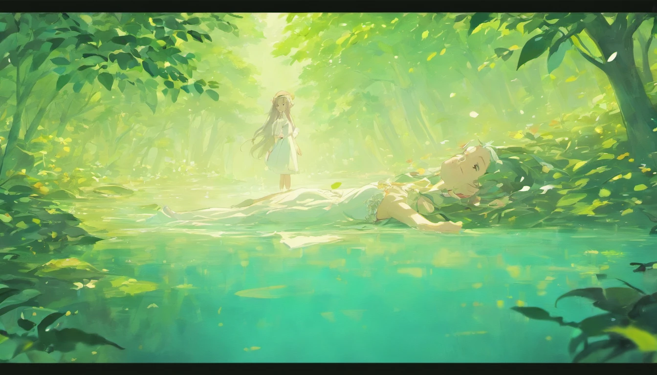 "Generate a high-resolution image depicting a serene scene where a young woman, wearing a white dress, is lying in a river with transparent waters. The girl has long, black hair floating in the water, and only part of her body is submerged. The river flows gently, reflecting the blue sky. The surroundings are surrounded by lush vegetation on the riverbank, with trees and flowers. Sunlight illuminates the scene from above, creating a tranquil and serene ambiance