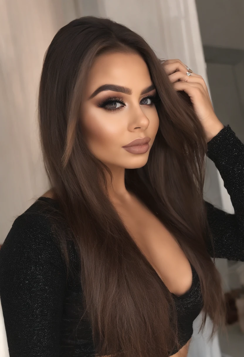 mulher negra totalmente , com olhos castanhos, ultra realistic, meticulosamente detalhado, cabelos castanhos e olhos grandes, selfie de uma jovem mulher, Olhos de Dubai, Violeta Myers, sem maquiagem, maquiagem natural, Looking directly at the camera, Rosto com ArtGram, maquiagem sutil, impressionante tiro de corpo inteiro ajoelhado na cama, no quarto, medium to large bust