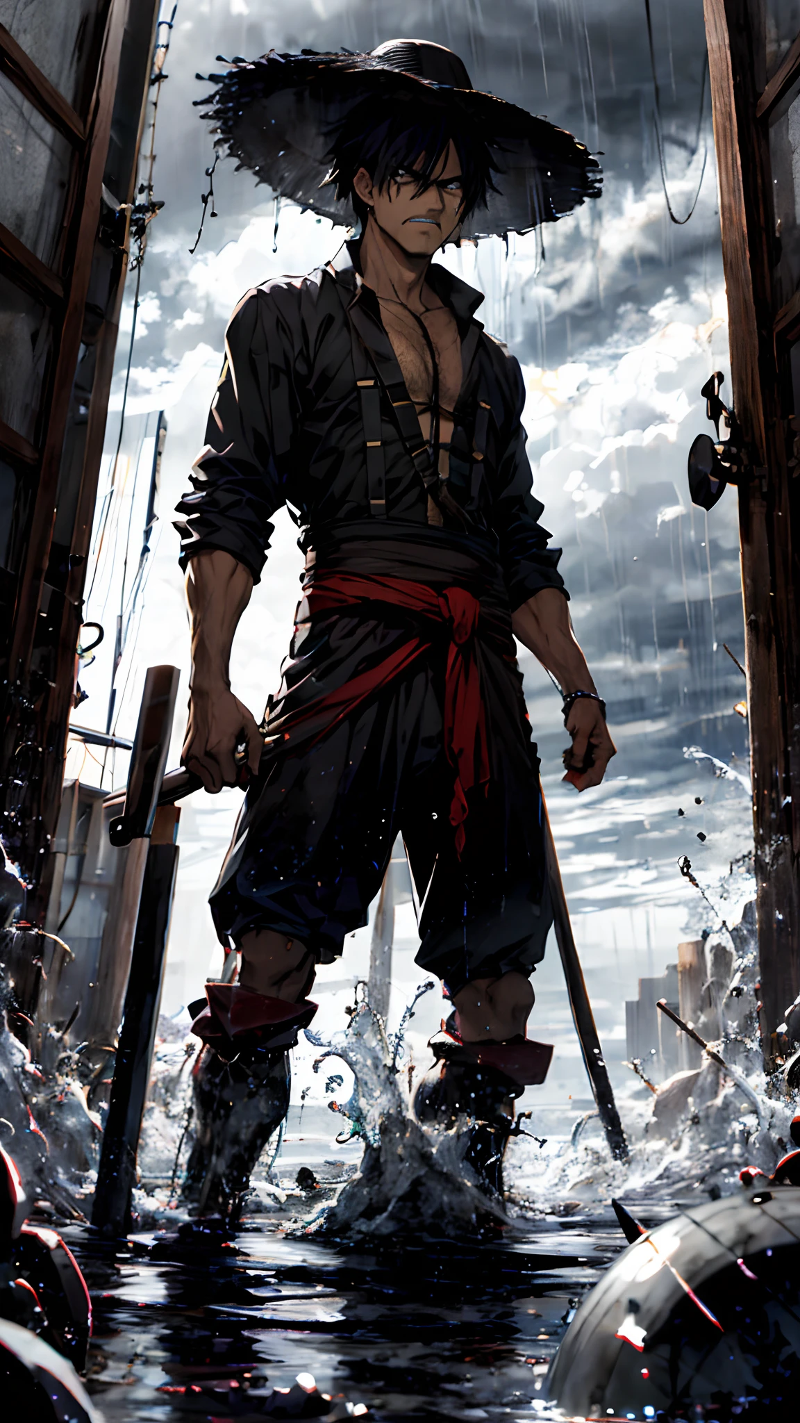 1hombre .Eyes bathed in anger, cabello largo mojado negro, glass barrel bottom, mirando al espectador, fondo de pantalla CG 8k extremadamente detallado,lluvia intensa de una tormenta