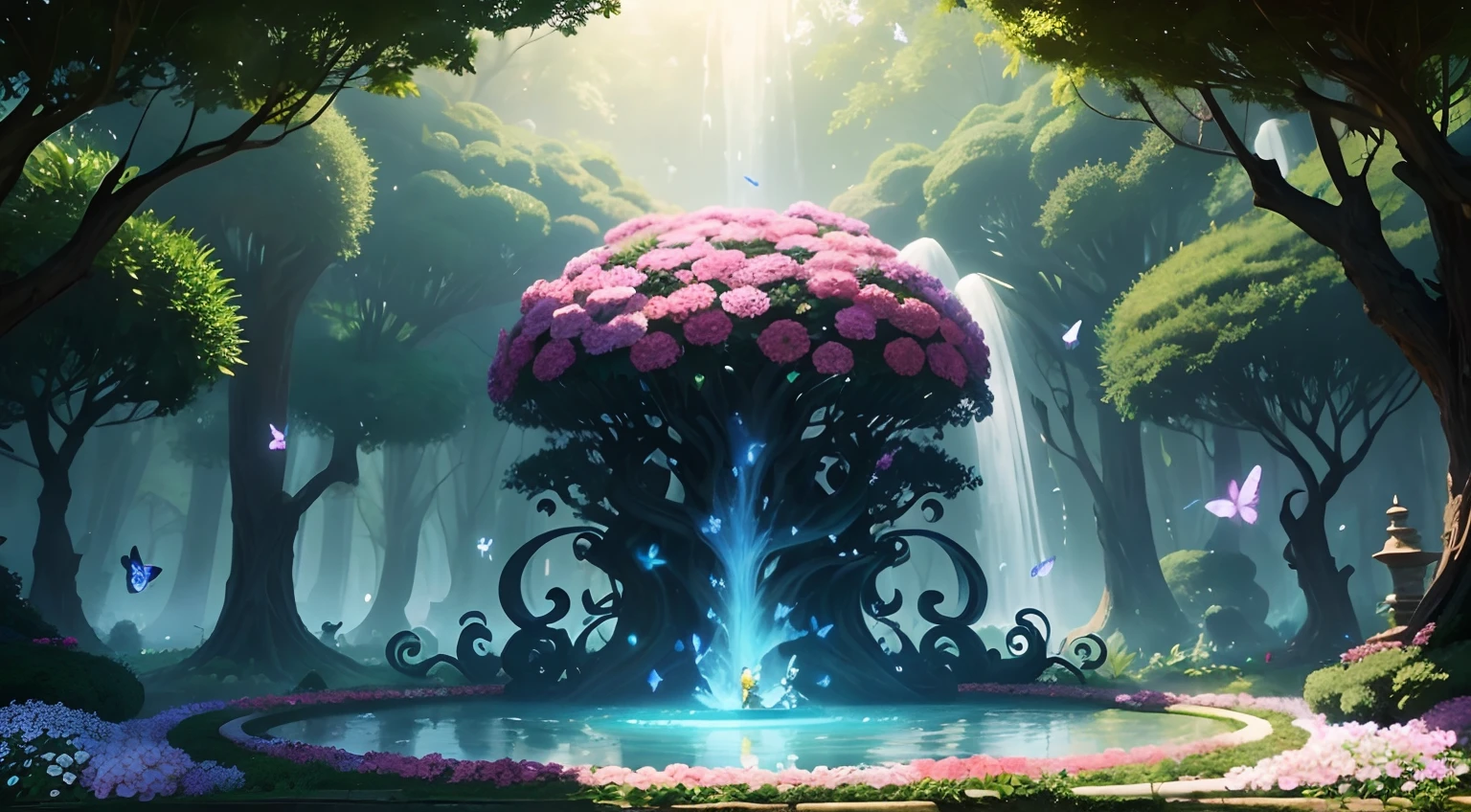 Jardim encantado estilo fantasia, With giant flowers and butterflies the size of birds, in the middle of this garden is a talking luminous orchid and a small gnome with a green beard and bright eyes