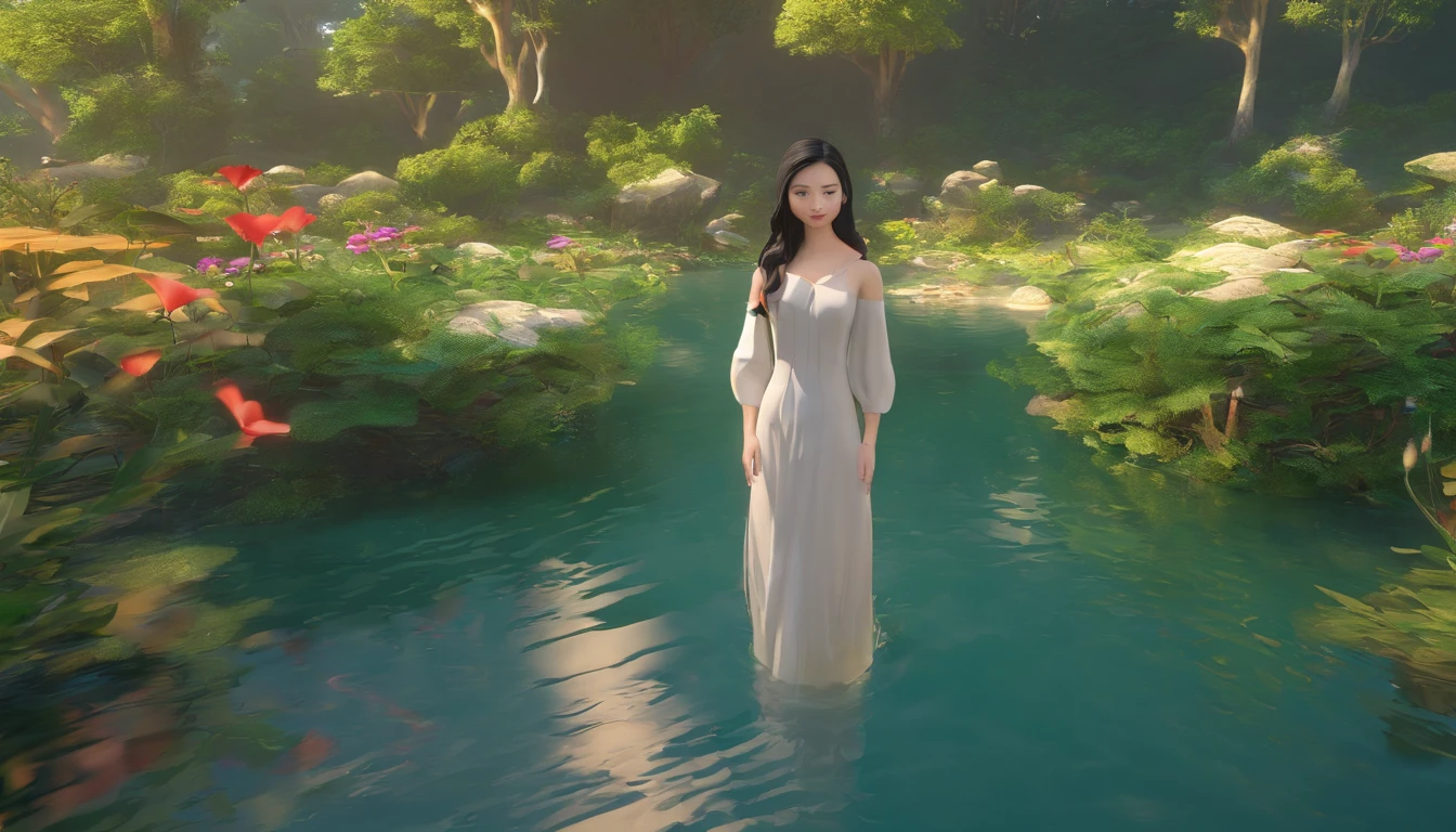 "Generate a high-resolution image depicting a serene scene where a young woman, wearing a white dress, is lying in a river with transparent waters. The girl has long, black hair floating in the water, and only part of her body is submerged. The river flows gently, reflecting the blue sky. The surroundings are surrounded by lush vegetation on the riverbank, with trees and flowers. Sunlight illuminates the scene from above, creating a tranquil and serene ambiance