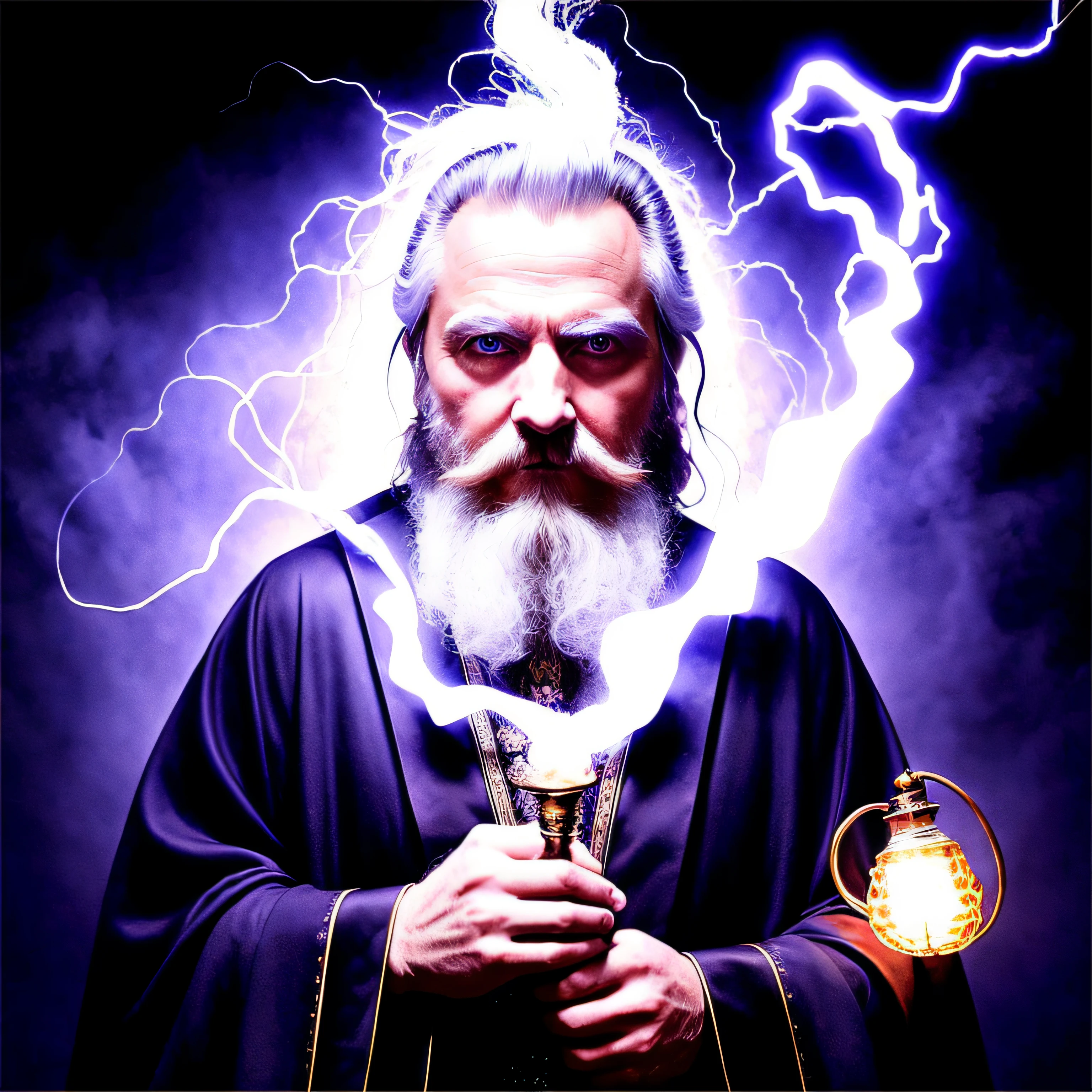 (music single cover title: Your Cum Won't Last) old bearded wizard wielding white electric magic electricity in his eyes with a dark robe inside a dungeon