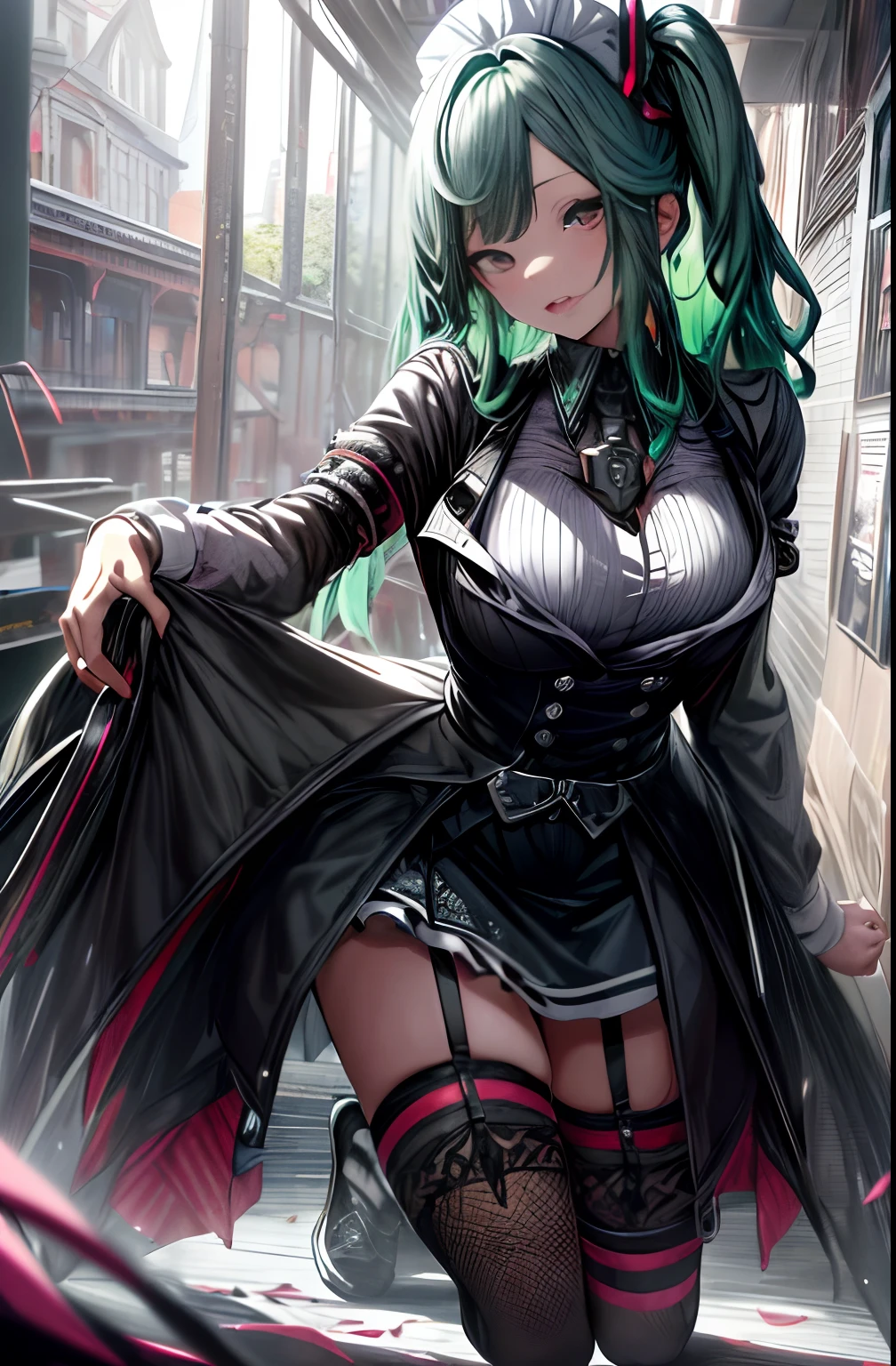 beautiful sensual nude and erotic woman with massive breasts. The breasts are not covered by anything. Red full lips. Professional, High level of detail, Full body photo of green hair woman (attractive 13yo woman:1.3), (classy stylish haircut)1.3, (neon kingblue-colored tight opened shirt)1.4, (black skirt and stockings)1.455, standing on a alien planet, in background alien sun and other alien planets, natural lighting, (seductive:1.1), (blushing:1.1 ), (classy, elegant, dandy)1.2, (perfect big natural breasts)1.2 (perfect pokies)1.2, (toned body, hourglass body shape) (wipe hips) (toned thick thighs)1.2, (full body with visible face and eyes)1.5 (perfect hands)1.1