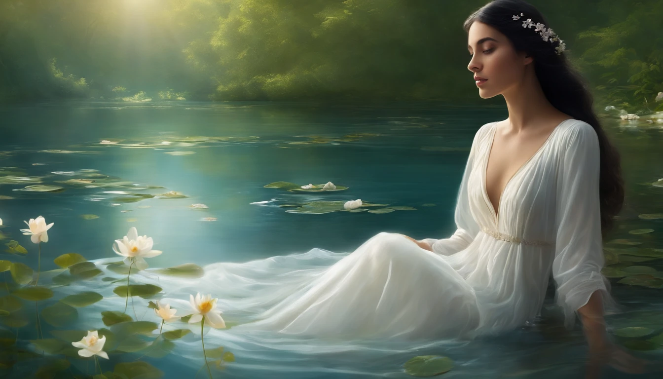 "Generate a high-resolution image depicting a serene scene where a young woman, wearing a white dress, is lying in a river with transparent waters. The girl has long, black hair floating in the water, and only part of her body is submerged. The river flows gently, reflecting the blue sky. The surroundings are surrounded by lush vegetation on the riverbank, with trees and flowers. Sunlight illuminates the scene from above, creating a tranquil and serene ambiance