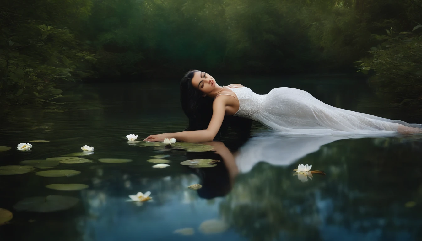 "Generate a high-resolution image depicting a serene scene where a young woman, wearing a white dress, is lying in a river with transparent waters. The girl has long, black hair floating in the water, and only part of her body is submerged. The river flows gently, reflecting the blue sky. The surroundings are surrounded by lush vegetation on the riverbank, with trees and flowers. Sunlight illuminates the scene from above, creating a tranquil and serene ambiance