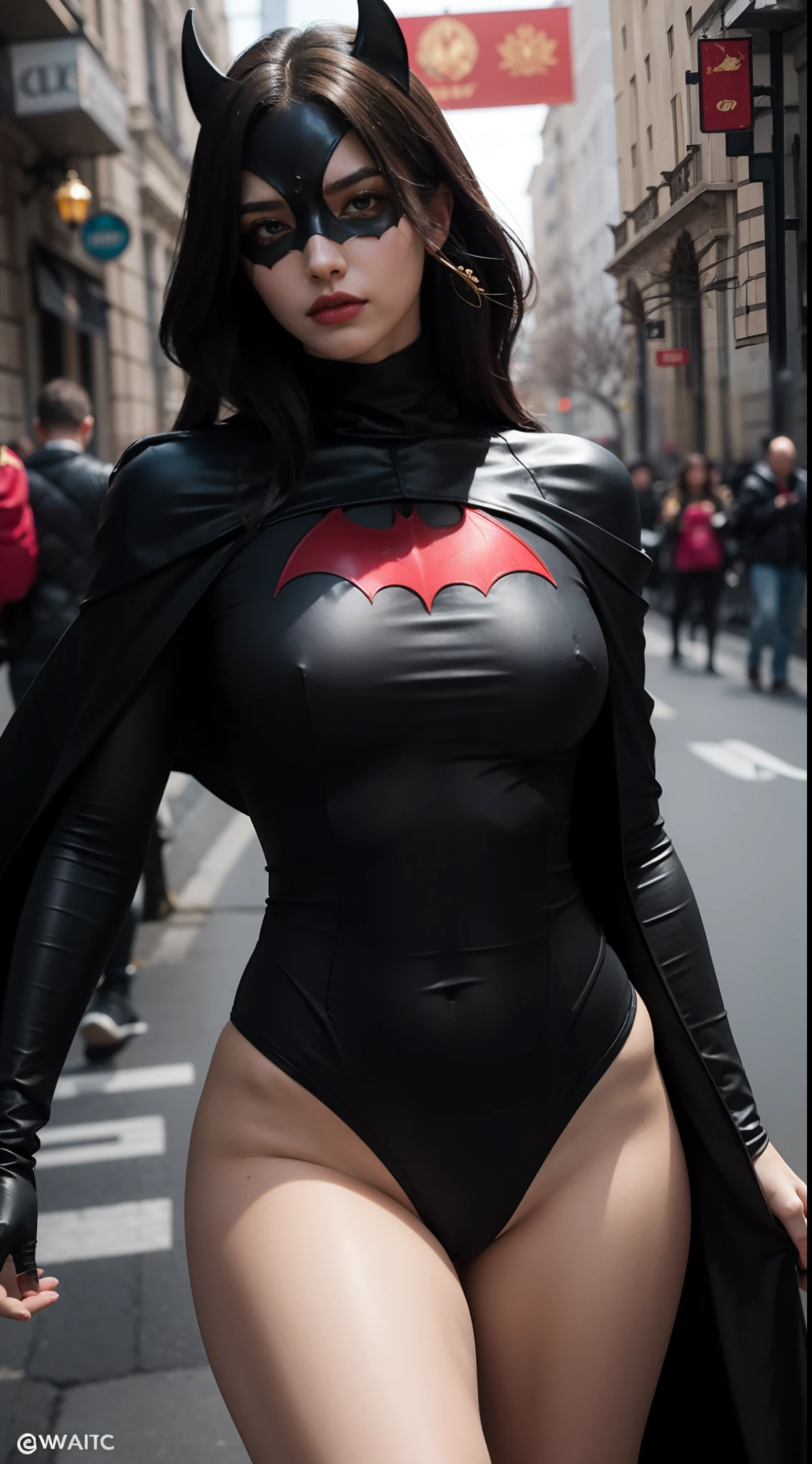 , picture a regal figure standing tall and confident. The great king batwoman is adorned in a magnificent, form-fitting suit made of sleek, black fabric that accentuates her powerful physique. The cloth is tightly woven, hugging her body and emphasizing her strength and agility.
Her outfit is adorned with intricate golden patterns and accents, symbolizing her noble status. The design incorporates elements inspired by bats, with wing-like motifs along the sleeves and edges of the suit. The golden details catch the light, adding an air of majesty and grandeur to her appearance.
A flowing cape, also black with golden trim, drapes gracefully from her shoulders, billowing behind her as she moves. The cape symbolizes her authority and adds a touch of mystery to her presence.
The great king batwoman's mask is an iconic feature, concealing her identity and adding an aura of intrigue. It is sleek and black, perfectly fitting her face, with piercing, determined eyes visible through the mask's openings.
Standing tall, with an air of command and strength, the great king batwoman is a symbol of justice, power, and leadership. Her attire reflects her regal status, combining elegance with practicality, and instilling a sense of awe and admiration in all who lay eyes upon her