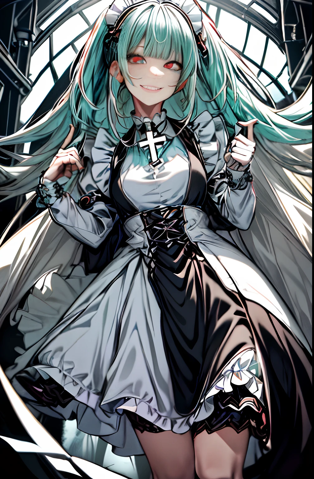 Full body、Maidclothes、maid clothes、long、miku hatsune、Green hair、Twin-tailed、?????? ( Silly / ?????? ???????)、Cross-eyed、Stranger、View other people、Blunt bangs、 over-kneehighs,?????? , Silly,?????? ???????,Drunken eyes,Blunt bangs, Green hair,(masutepiece:1.2, Best Quality), (finely detailed beautiful eye: 1.2), (Detailed background,Dark Fantasy), (beautifull detailed face), High contrast, (Best Illumination, extremely delicate and beautiful), ((Cinematic Light)), Colorful, Hyper Detail, Dramatic light, Intricate details,