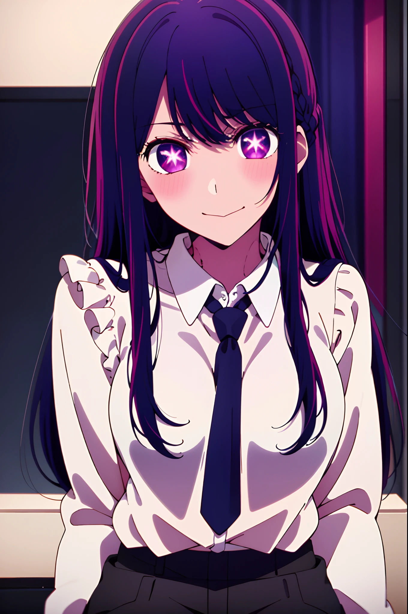 ((masterpiece)), (best quality), beautiful, extremely detailed face, perfect lighting,ultra-detailed,((expressionless)),((cold attitude)),((tsurime)),((tareme)),breasts,((Mature female)), short hair, smile, bangs, (big breasts:1.2), braid, purple color hair, braided ponytail, purple eyes, ringed eyes,
shirt, long sleeves, white shirt, necktie, collared shirt, pants, black pants, formal, suit, black necktie, shirt tucked in, office lady, full body