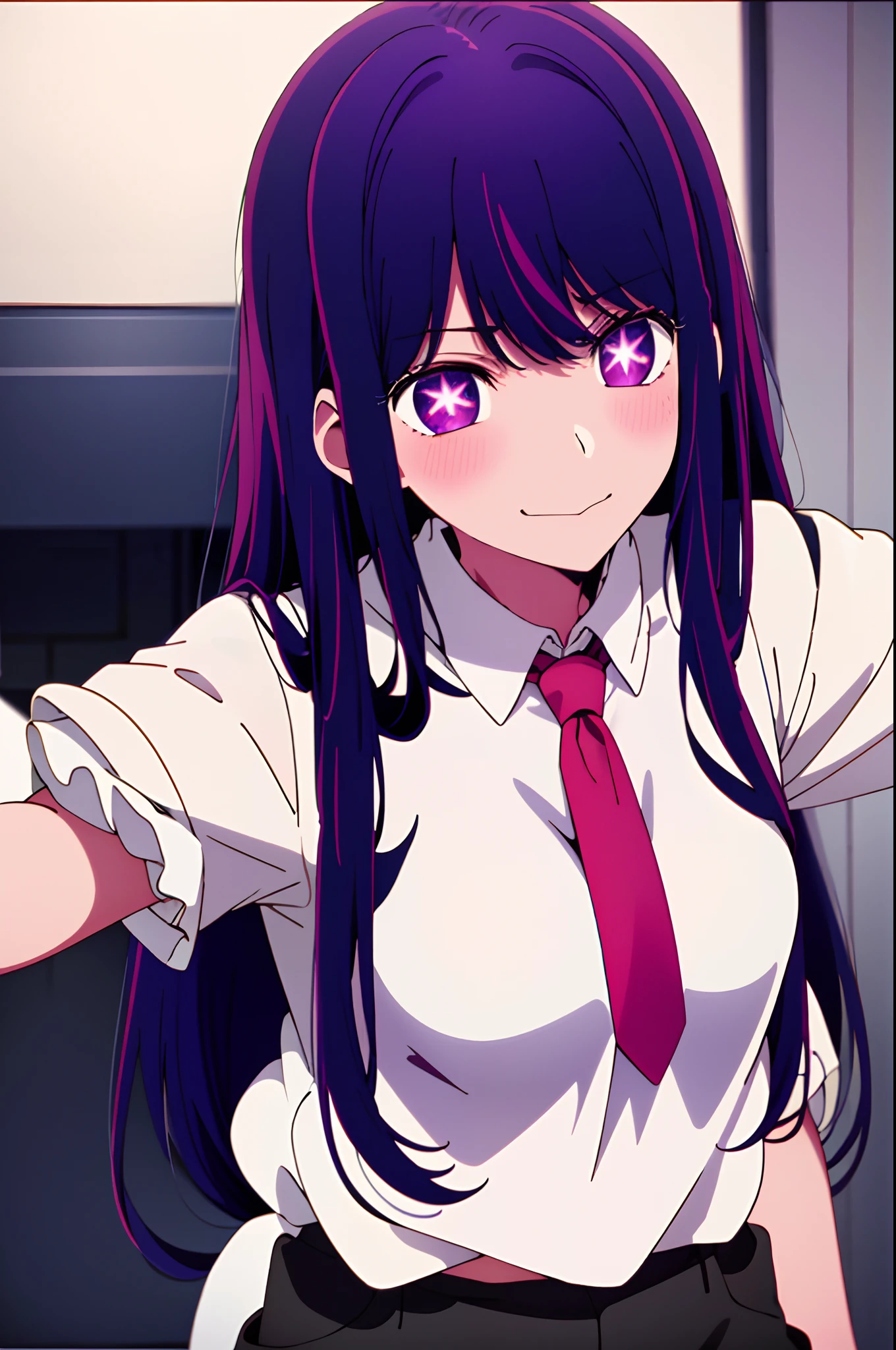 ((masterpiece)), (best quality), beautiful, extremely detailed face, perfect lighting,ultra-detailed,((expressionless)),((cold attitude)),((tsurime)),((tareme)),breasts,((Mature female)), short hair, smile, bangs, (big breasts:1.2), braid, purple color hair, braided ponytail, purple eyes, ringed eyes,
shirt, long sleeves, white shirt, necktie, collared shirt, pants, black pants, formal, suit, black necktie, shirt tucked in, office lady, full body