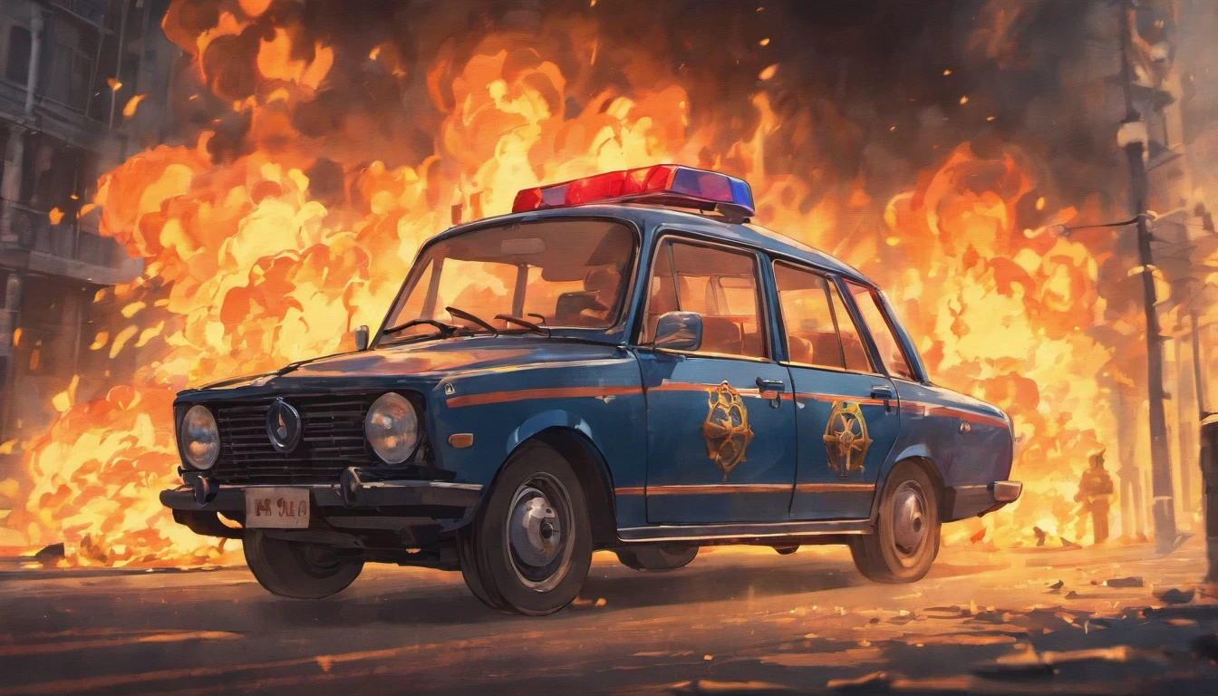 russian police car in fire