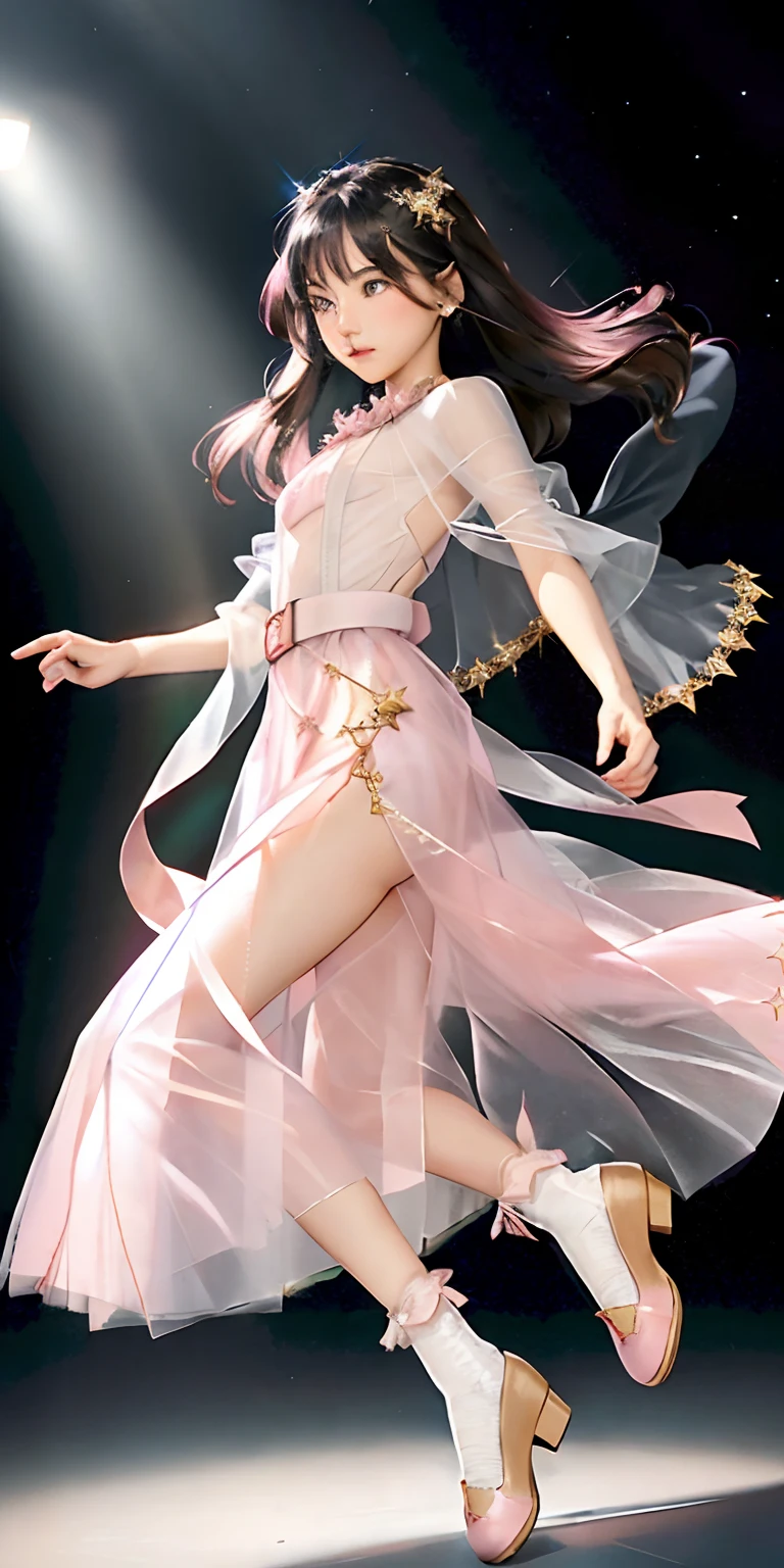 A -yeld gi Super long, Flowing black hair.
• Gentle facial features,There was a hint of mystery and confusion in his eyes.
Wearing a (Light pink:1.3) and light white dresses, Blended with subtle gold or silver details.
The dress combines elements of a pleated skirt and a flat skirt: The central part of the dress is flat, Although there are mild folds on the sides.
She has ((Light pink:1.3) Mary Jane shoes) collocation (White lace-trimmed socks)).
Slightly tightened puff sleeves,It reflects her calm and reserved nature.
A simple belt is tied around the waist, Holding a couple of small magic tools.
(semi transparent, tulle shawl:1.3)
Simple star-shaped earrings.
Her medieval dress was embroidered with magic symbols or runes.
• Despite her great magic, Her overall appearance exudes a sense of understated elegance and gentleness.