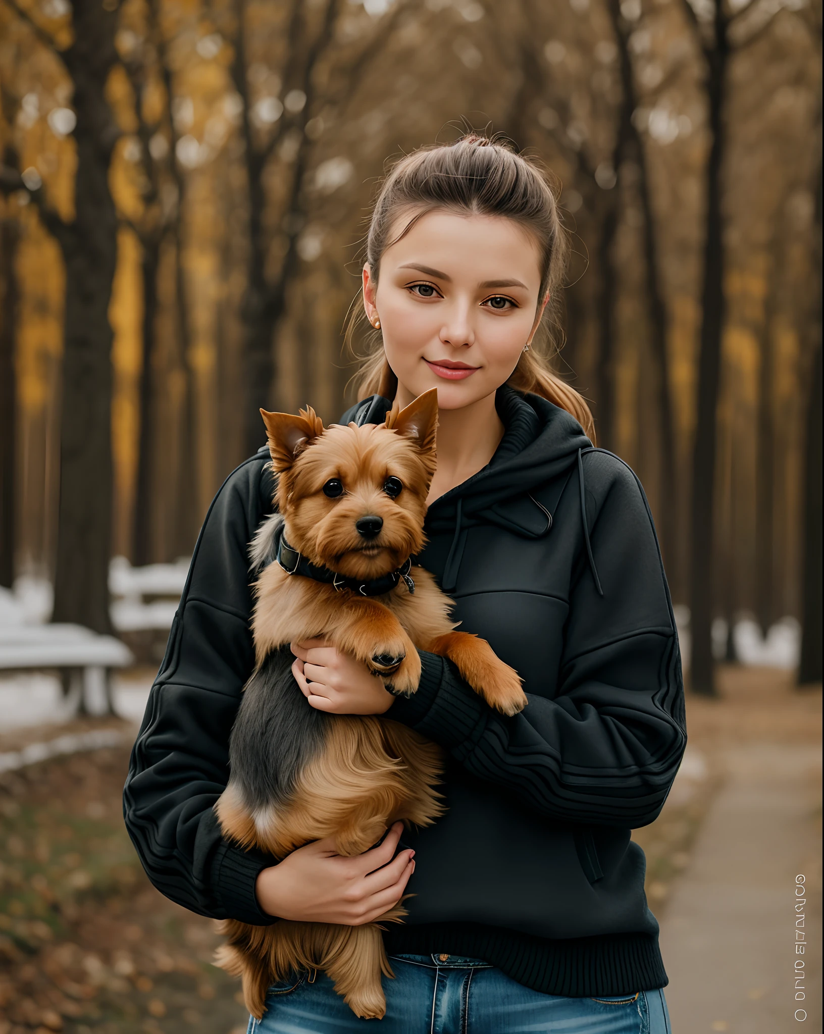 There is a woman, Holding a dog in his arms, Holding a Yorkshire Terrier in your arms, aleksandra waliszewska, anna podedworna, artem, sigma 85/1.2 portrait, anna nikonova, alina ivanchenko, magdalena radziej, by Jan Konůpek, anastasia ovchinnikova, photo portrait, Woman in black sweater and jeans