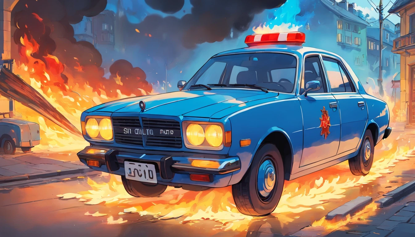 russian police car in fire