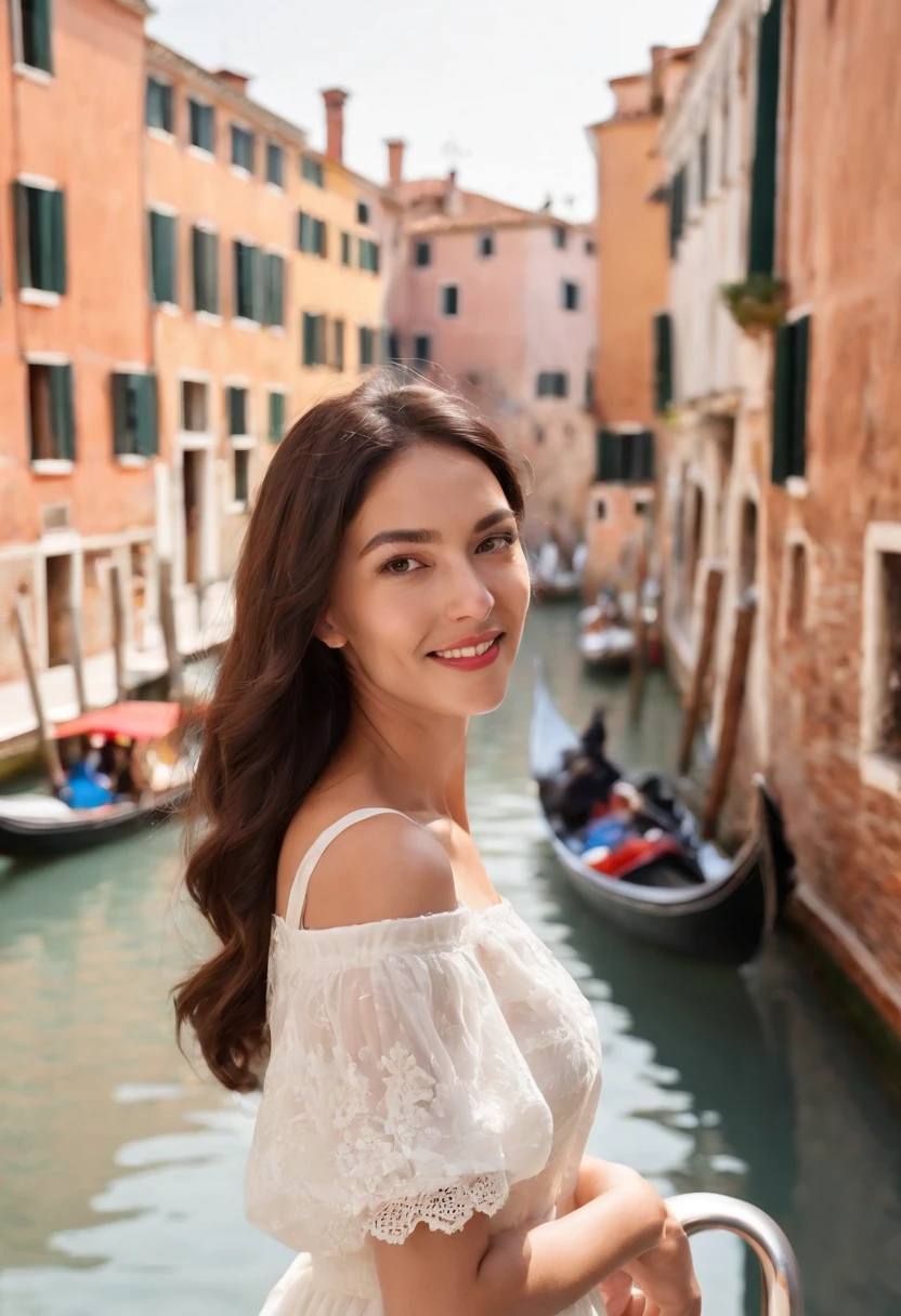 A woman with a medium skin tone and black, wavy hair that cascades past her shoulders strides gracefully along a picturesque bridge over a tranquil Venetian canal. She's adorned in a pristine white dress that complements her complexion, and a quaint straw hat sits atop her head, shielding her from the gentle rays of the afternoon sun. Her eyes, framed by rectangular black glasses, meet the lens of the camera with a playful, inviting smile. In her gentle grasp, she holds a delectable gelato cone, the cool essence of which contrasts with the warm Italian ambiance enveloping her. The serene yet vibrant essence of Venice reflects in her demeanor as she revels in the simplicity and beauty of the moment.