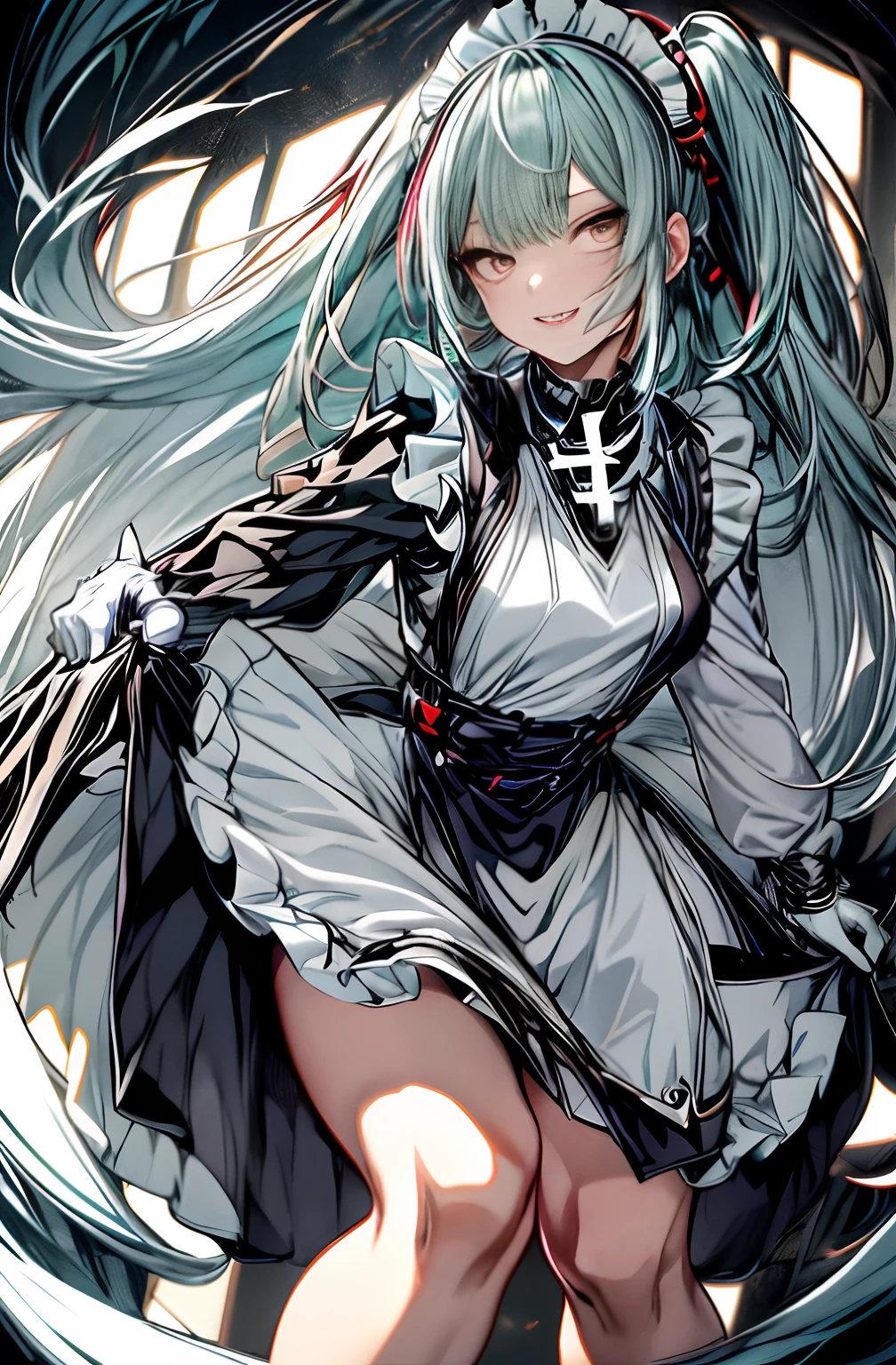 Full body、maid clothes、maid clothes、long、miku hatsune、Green hair、Twin-tailed、Ahegao ( Silly / Sexual ecstasy)、Cross-eyed、Stranger、View other people、Blunt bangs、 over-kneehighs,Ahegao , Silly,Sexual ecstasy,Drunken eyes,Blunt bangs, Green hair,(masutepiece:1.2, Best Quality), (finely detailed beautiful eye: 1.2), (Detailed background,Dark Fantasy), (beautifull detailed face), High contrast, (Best Illumination, extremely delicate and beautiful), ((Cinematic Light)), Colorful, Hyper Detail, Dramatic light, Intricate details,