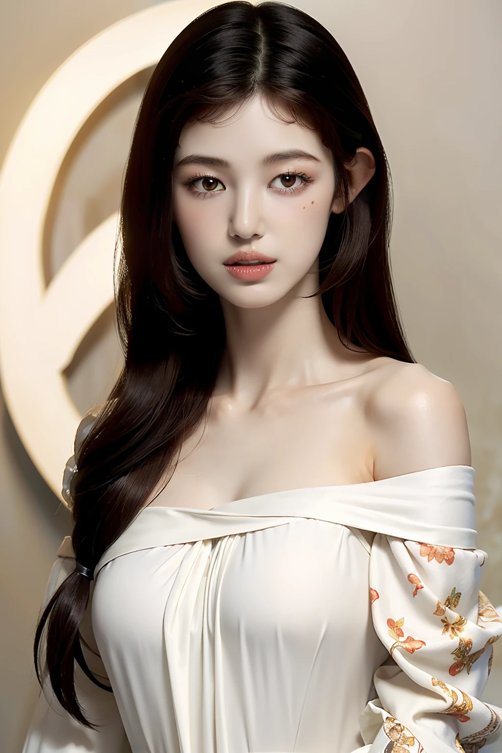 Best quality, masterpiece, ultra high res, (photorealistic:1.4), raw photo,1girl, solo, realistic, lips, black hair, looking at viewer, black eyes, teeth, long hair, parted lips, nose, upper body, brown hair, , brown eyes, white flowy dress, off shoulder, white skin, pale skin, floral background, studio lighting