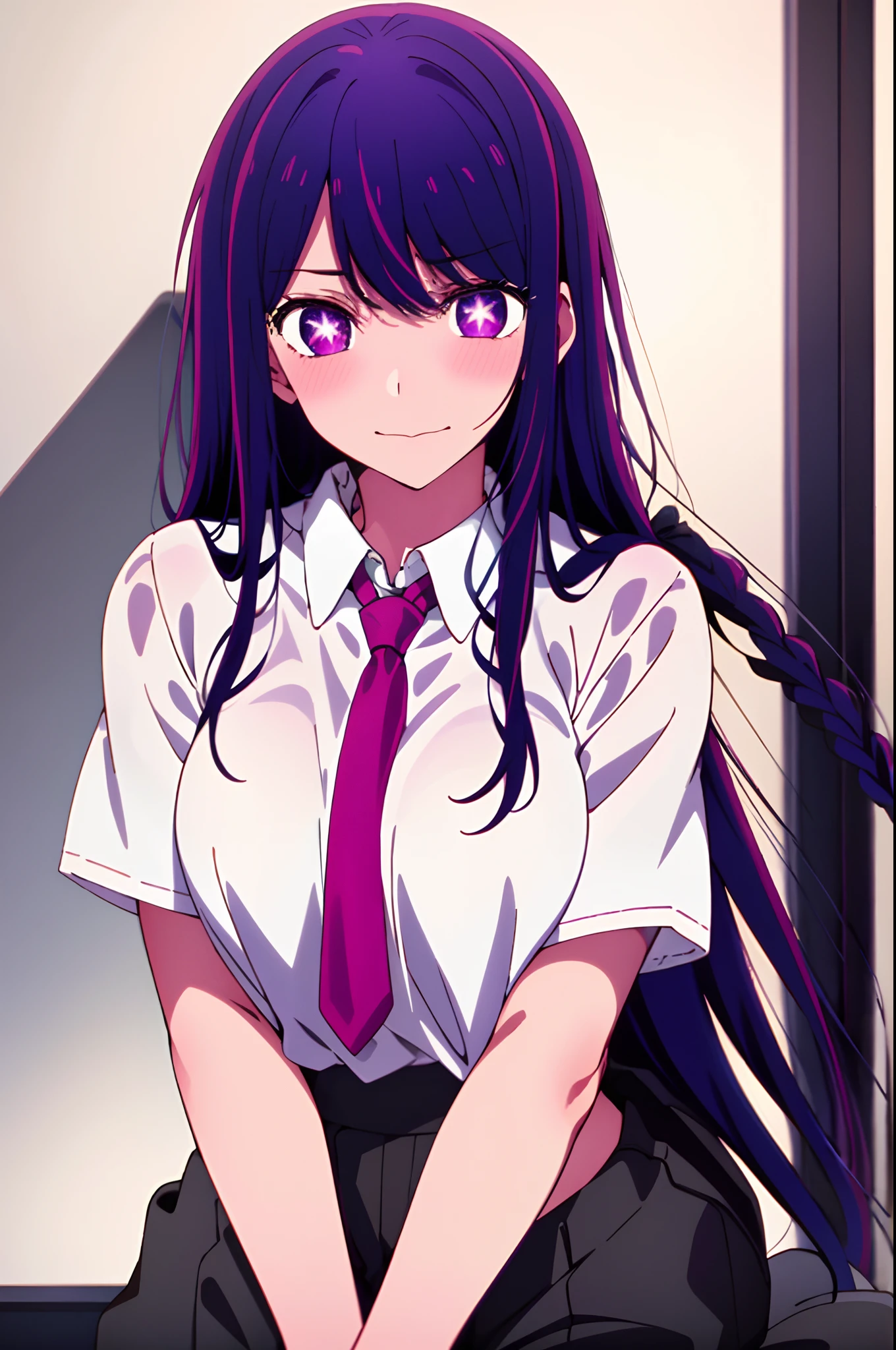 ((masterpiece)), (best quality), beautiful, extremely detailed face, perfect lighting,ultra-detailed,((expressionless)),((cold attitude)),((tsurime)),((tareme)),breasts,((Mature female)), short hair, smile, bangs, (big breasts:1.2), braid, purple color hair, braided ponytail, purple eyes, ringed eyes,
shirt, long sleeves, white shirt, necktie, collared shirt, pants, black pants, formal, suit, black necktie, shirt tucked in, office lady, full body