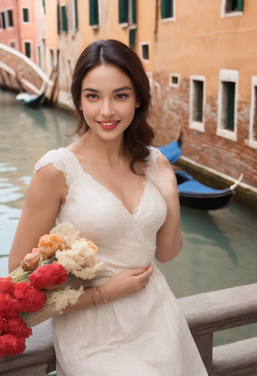 A woman with a medium skin tone and black, wavy hair that cascades past her shoulders strides gracefully along a picturesque bridge over a tranquil Venetian canal. She's adorned in a pristine white dress that complements her complexion, and a quaint straw hat sits atop her head, shielding her from the gentle rays of the afternoon sun. Her eyes, framed by rectangular black glasses, meet the lens of the camera with a playful, inviting smile. In her gentle grasp, she holds a delectable gelato cone, the cool essence of which contrasts with the warm Italian ambiance enveloping her. The serene yet vibrant essence of Venice reflects in her demeanor as she revels in the simplicity and beauty of the moment.