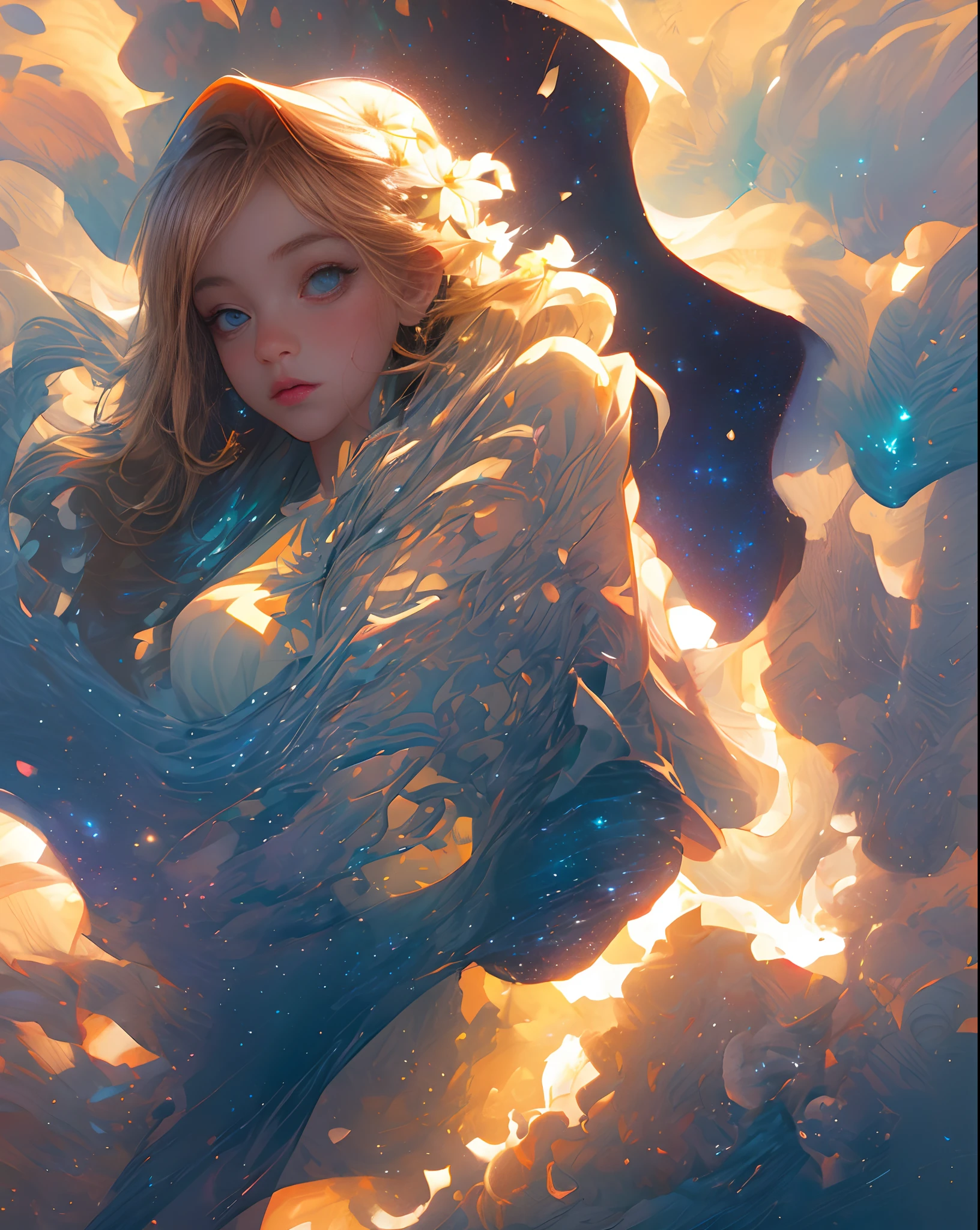 (best quality, masterpiece), 1girl, pose, particle, wind, flower, upper body, simple background, looking at viewer, blonde, galaxy,backlit,rimlight