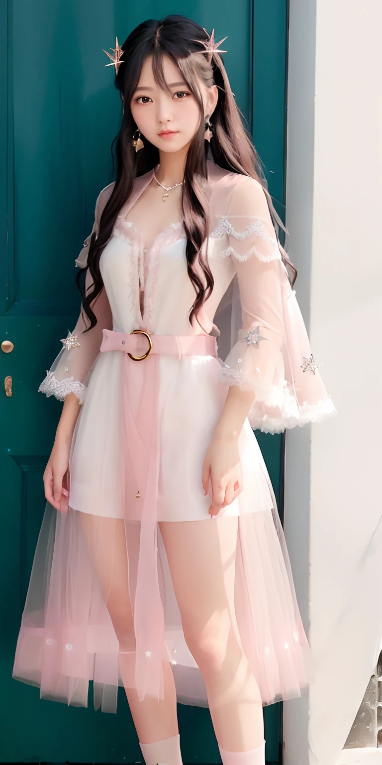 A 17-year-old girl, Super long, Flowing black hair.
	• Gentle facial features，There was a hint of mystery and confusion in his eyes.

Wearing a (Light pink:1.3) and light white dresses, Blended with subtle gold or silver details.
The dress combines elements of a pleated skirt and a flat skirt: The central part of the dress is flat, Although there are mild folds on the sides.
She has ((Light pink:1.3) Mary Jane shoes) collocation (White lace-trimmed socks)).
Slightly tightened puff sleeves，It reflects her calm and reserved nature.
A simple belt is tied around the waist, Holding a couple of small magic tools.
(semi transparent, tulle shawl:1.3)
Simple star-shaped earrings.
Her medieval dress was embroidered with magic symbols or runes.
	• Despite her great magic, Her overall appearance exudes a sense of understated elegance and gentleness.